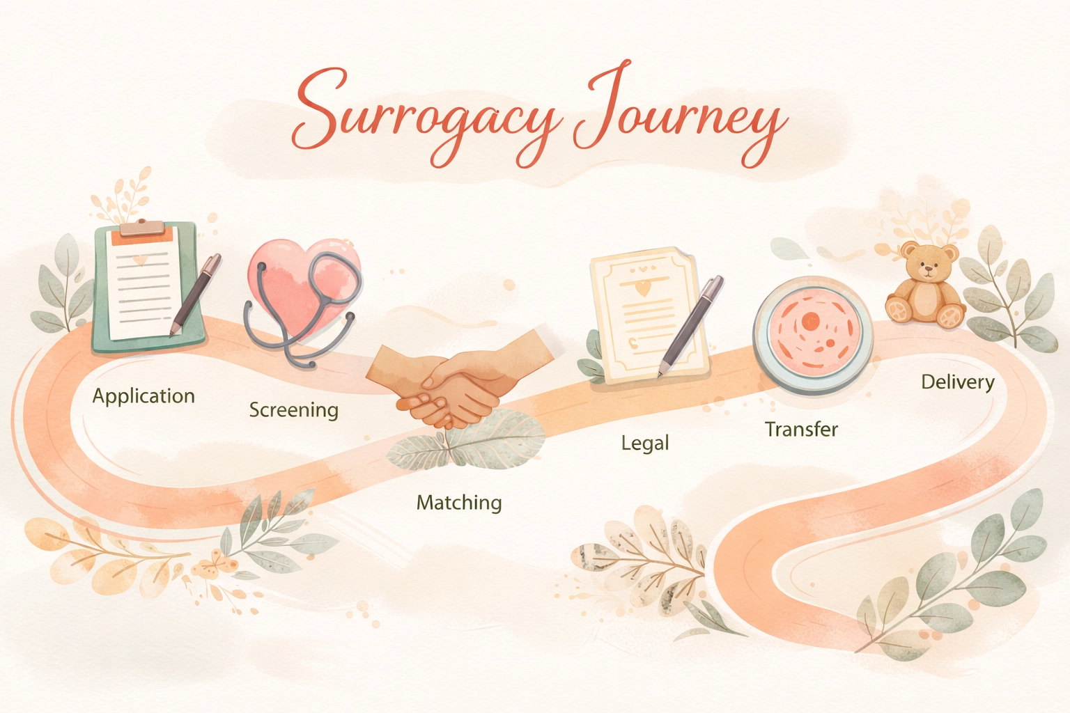 Infographic showing the Oregon surrogacy timeline as a step-by-step roadmap from application to delivery for surrogates.