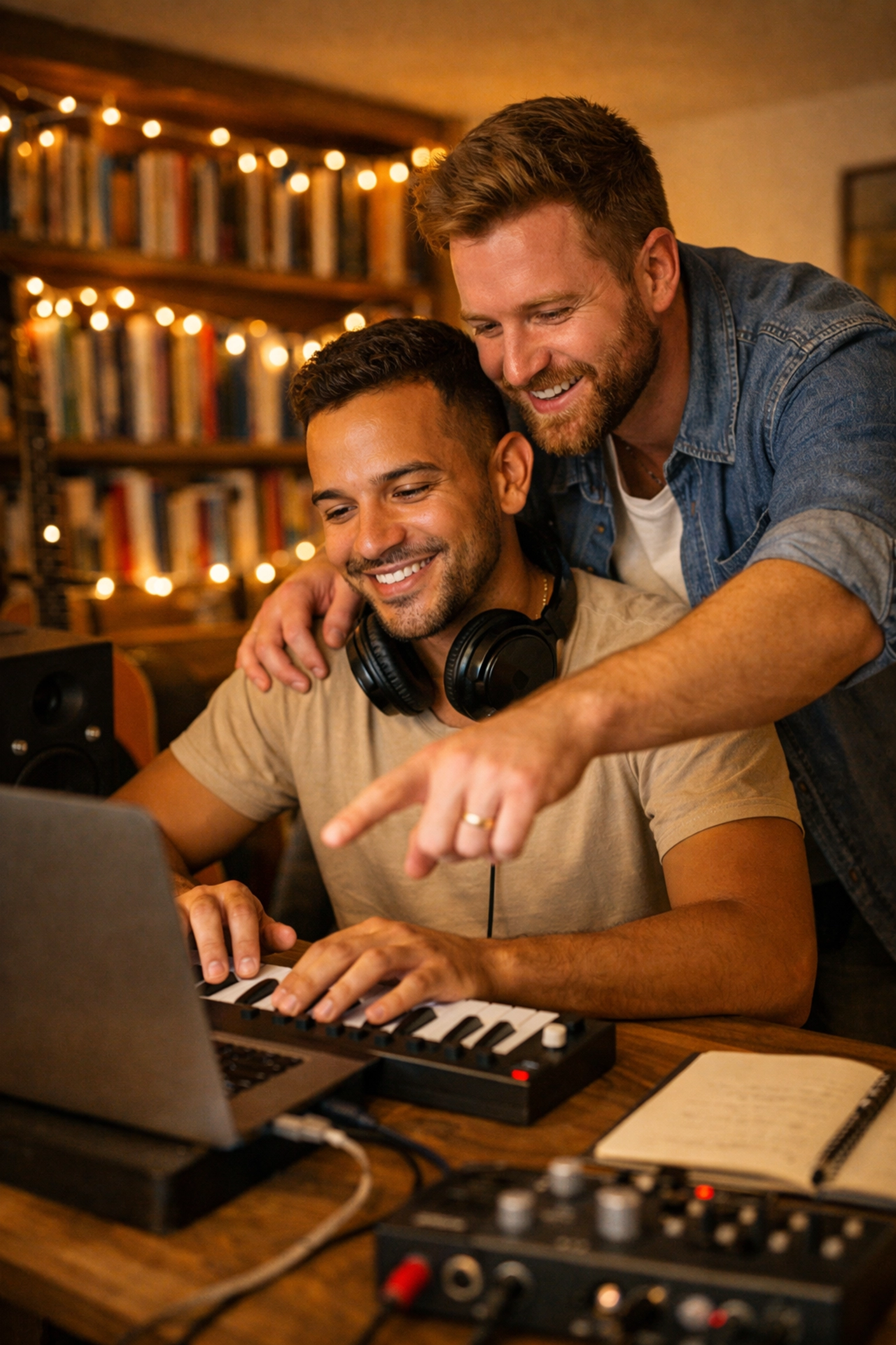 A gay couple collaborating on music production using a MIDI keyboard in a cozy home studio.