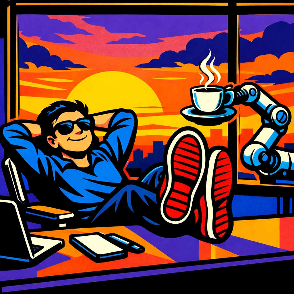 Entrepreneur relaxing while an AI virtual assistant for business handles repetitive admin work.