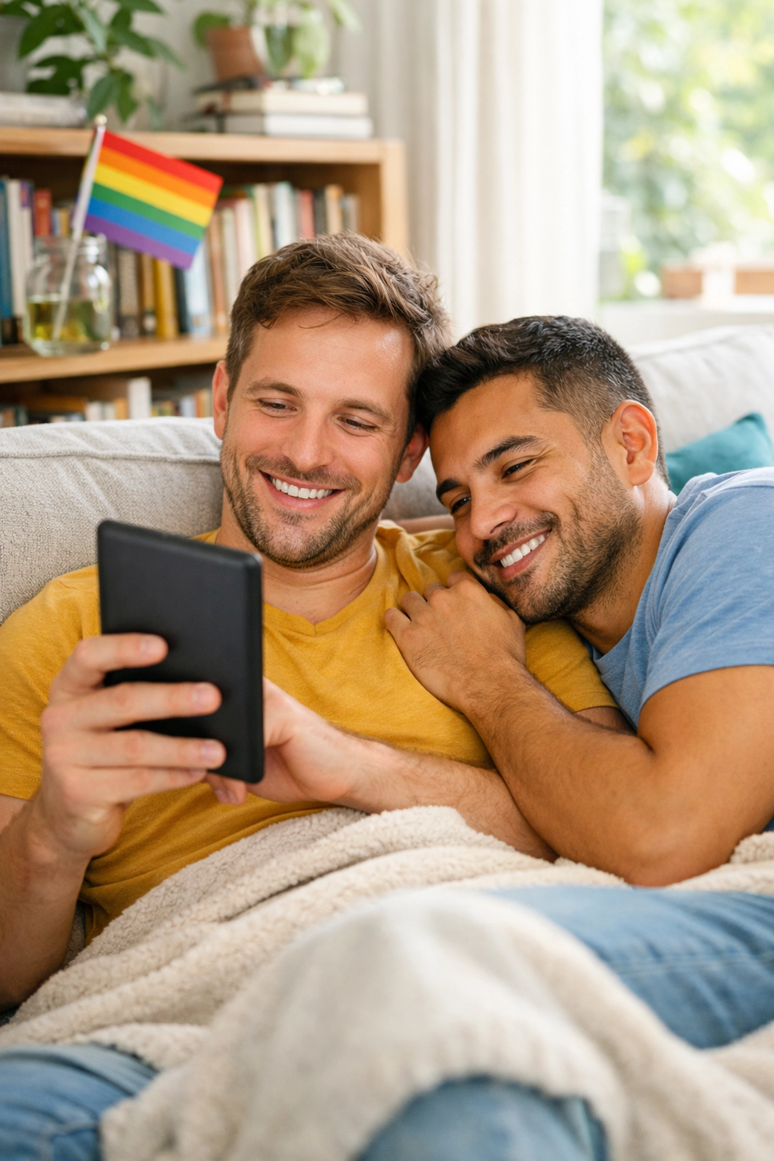A happy gay couple reading LGBTQ+ fiction together on a couch, celebrating modern MM romance books.