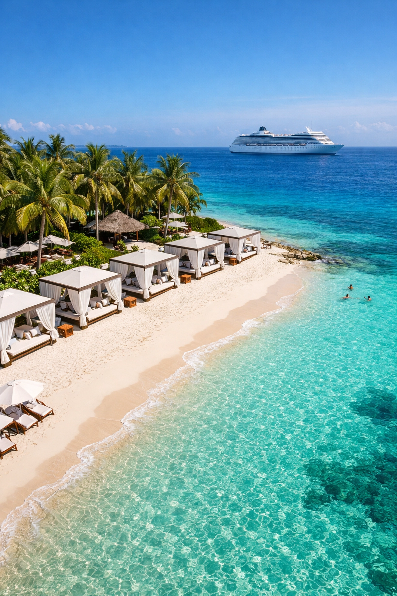 Aerial view of the Beach Club at Bimini on a luxury Virgin Voyages group cruise itinerary.