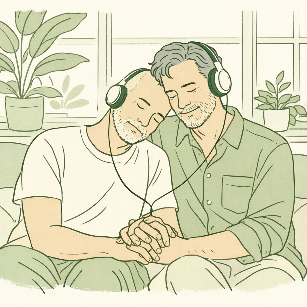 Mature MM couple sharing a quiet, emotional moment of connection, representing coming out later in life.