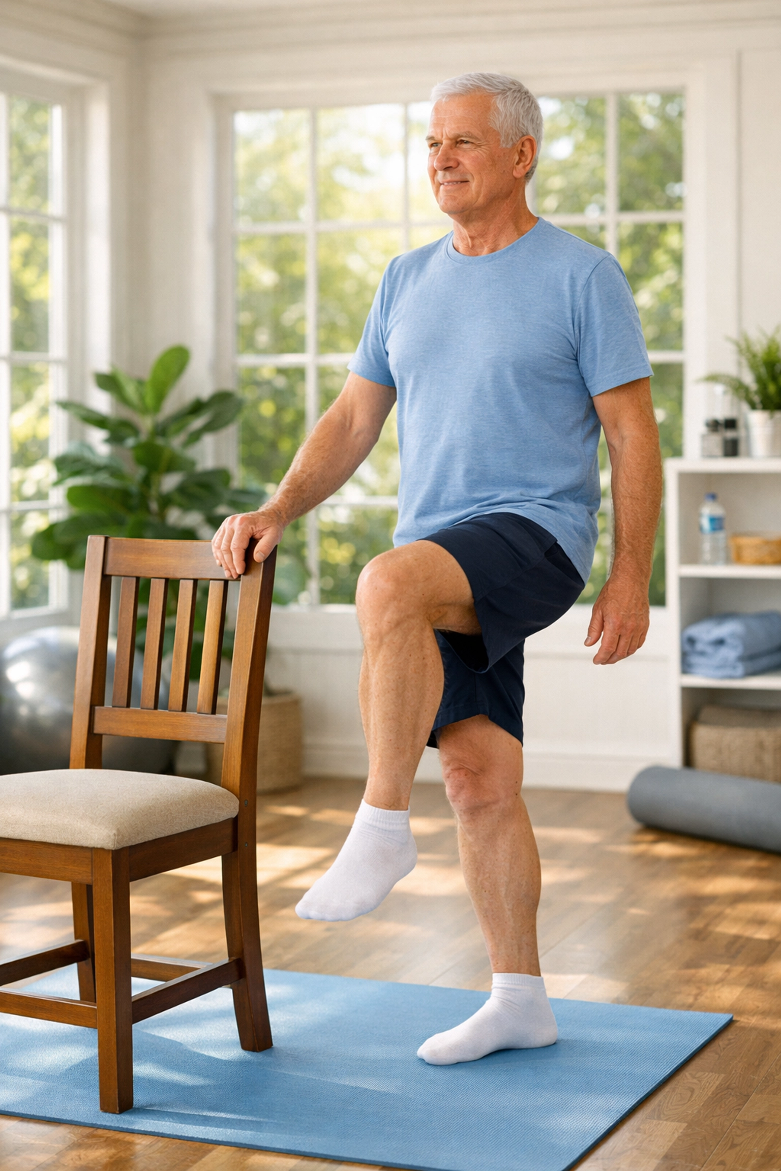 Senior man practicing balance exercises at home to build strength and improve stability for fall prevention.