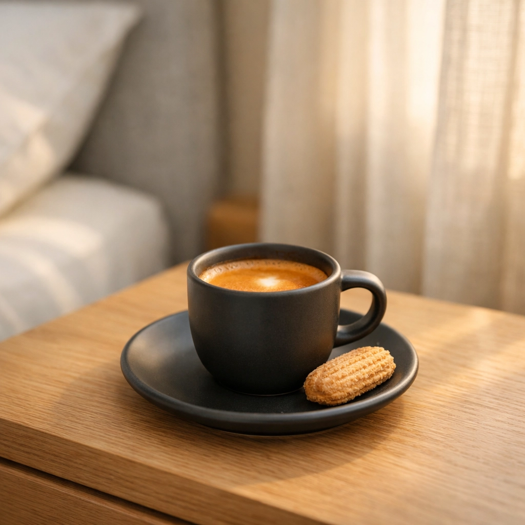 Morning coffee on a bedside table illustrating personalized guest service and predictive hospitality.