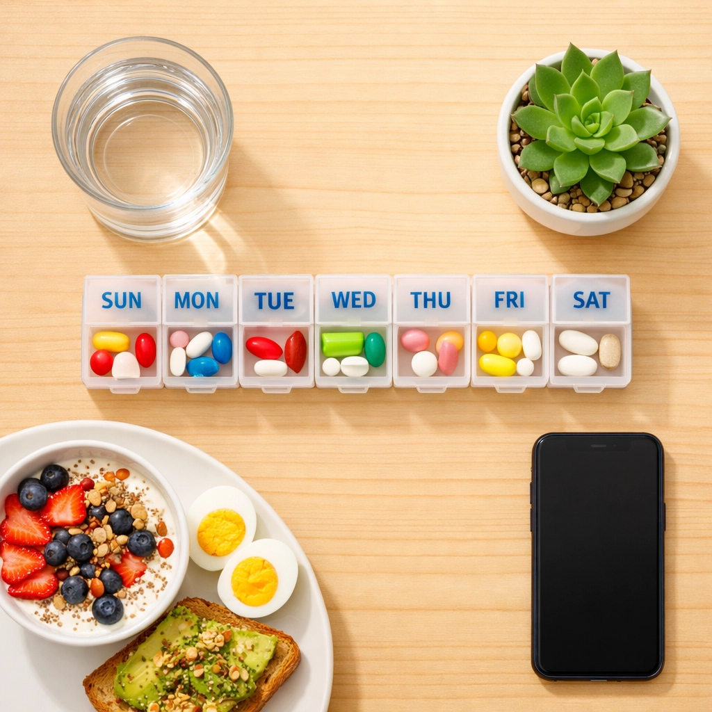 Daily pill organizer with water and healthy breakfast for weight management routine