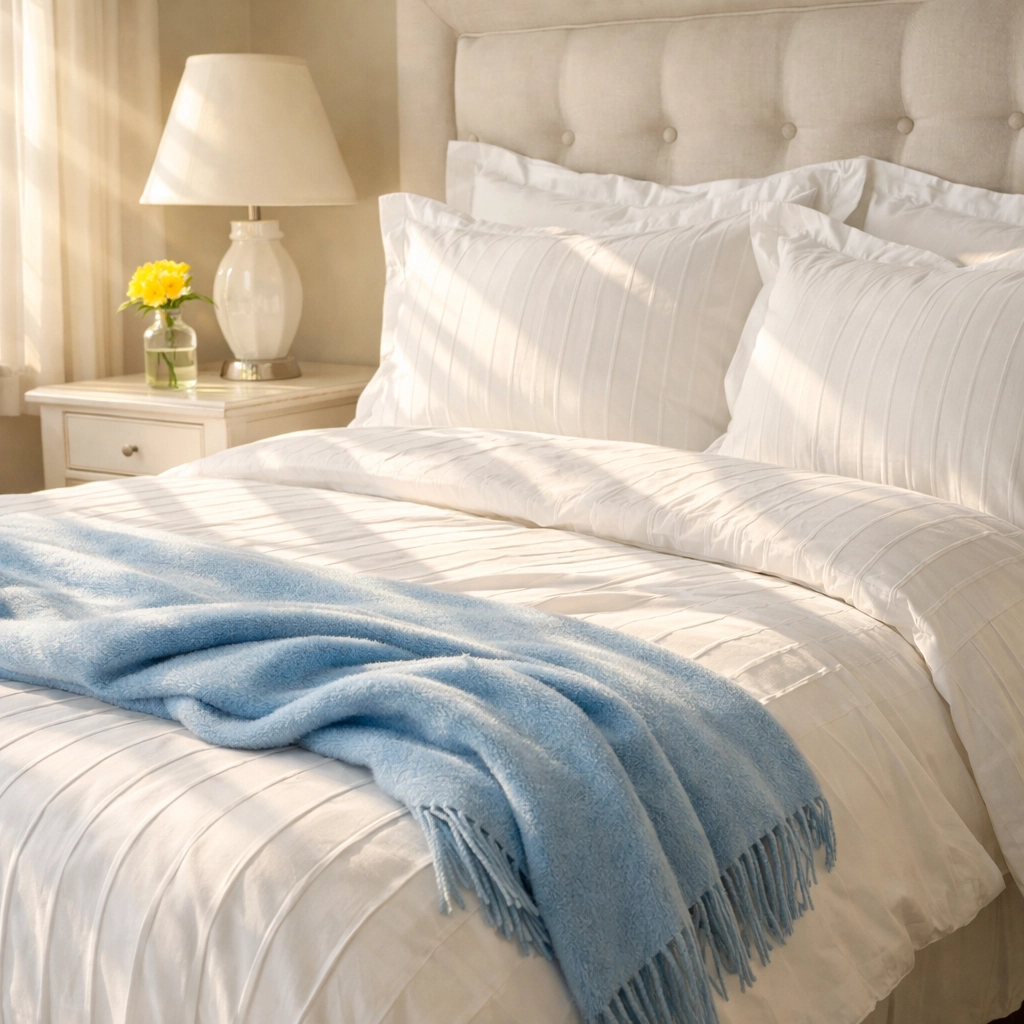 A sun-lit, dust-free master bedroom in Marlborough representing the health benefits of professional deep cleaning.