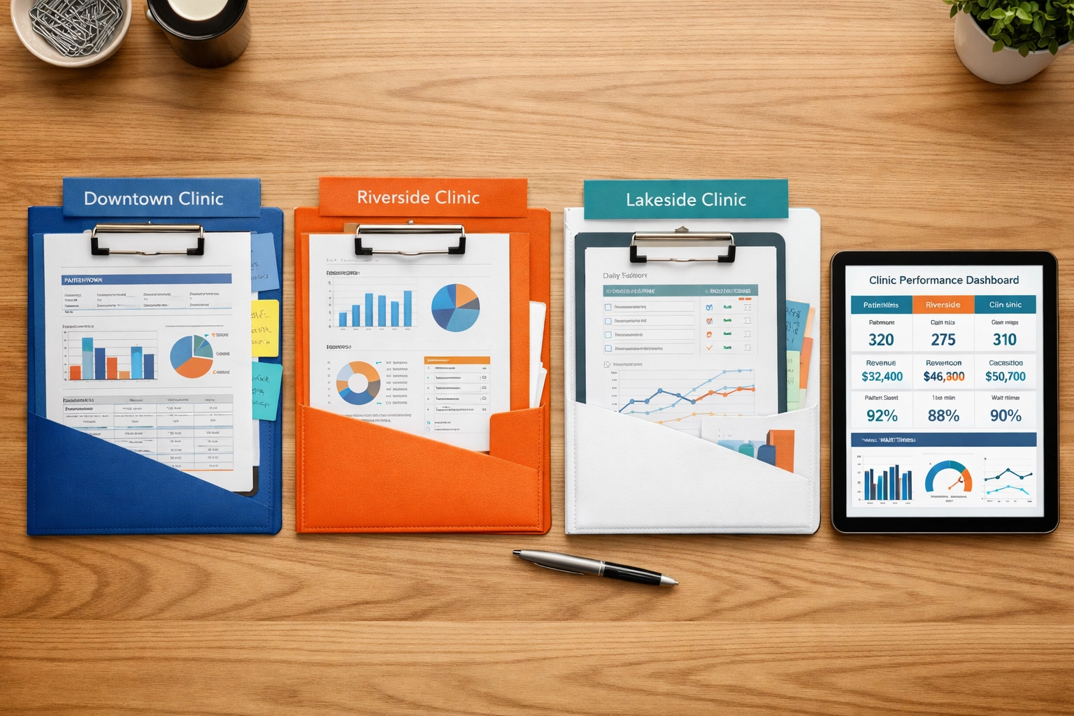 Multi-location clinic folders with customized reporting dashboard showing location-specific metrics