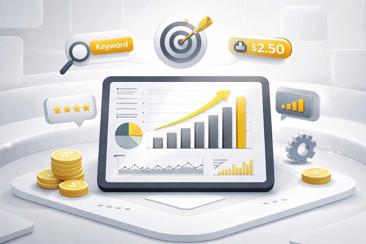 Digital marketing dashboard displaying rising Amazon ad performance metrics and keyword analysis