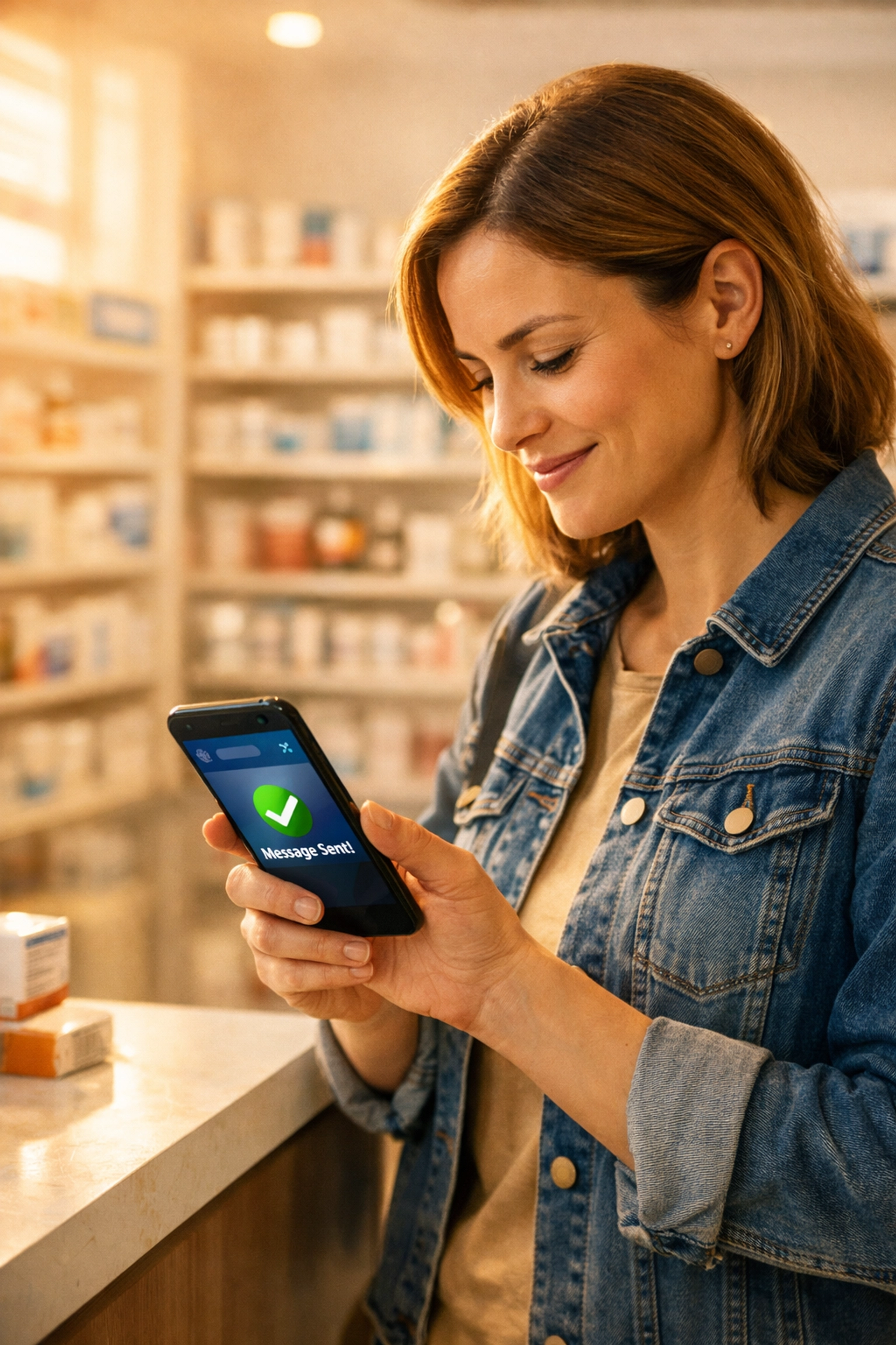 Patient using a smartphone at a pharmacy to pick up a weight loss medication prescription.