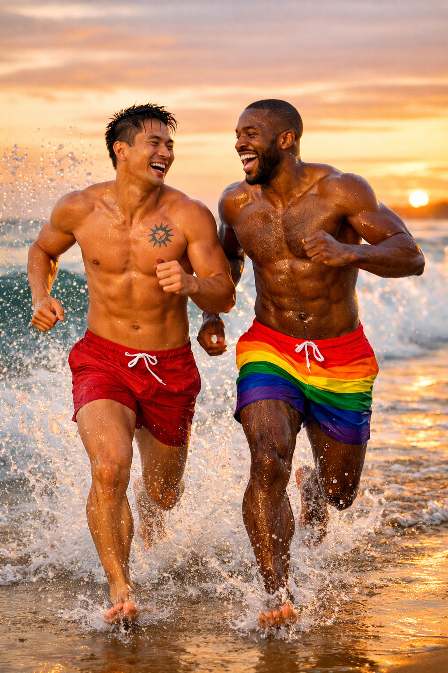 Two joyful gay men running on a beach at sunset, highlighting muscular bodies and the freedom of movement and pride.