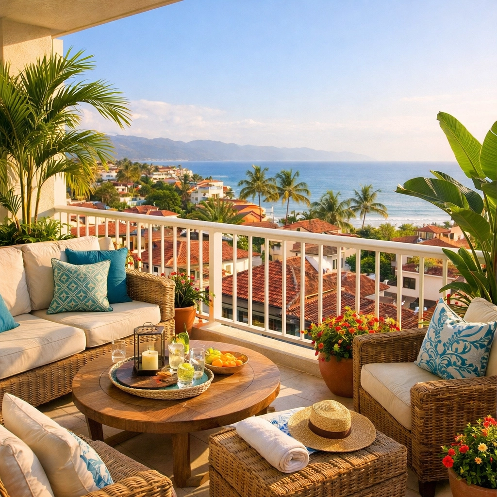 Modern Puerto Vallarta condo balcony overlooking red-tiled rooftops and ocean view