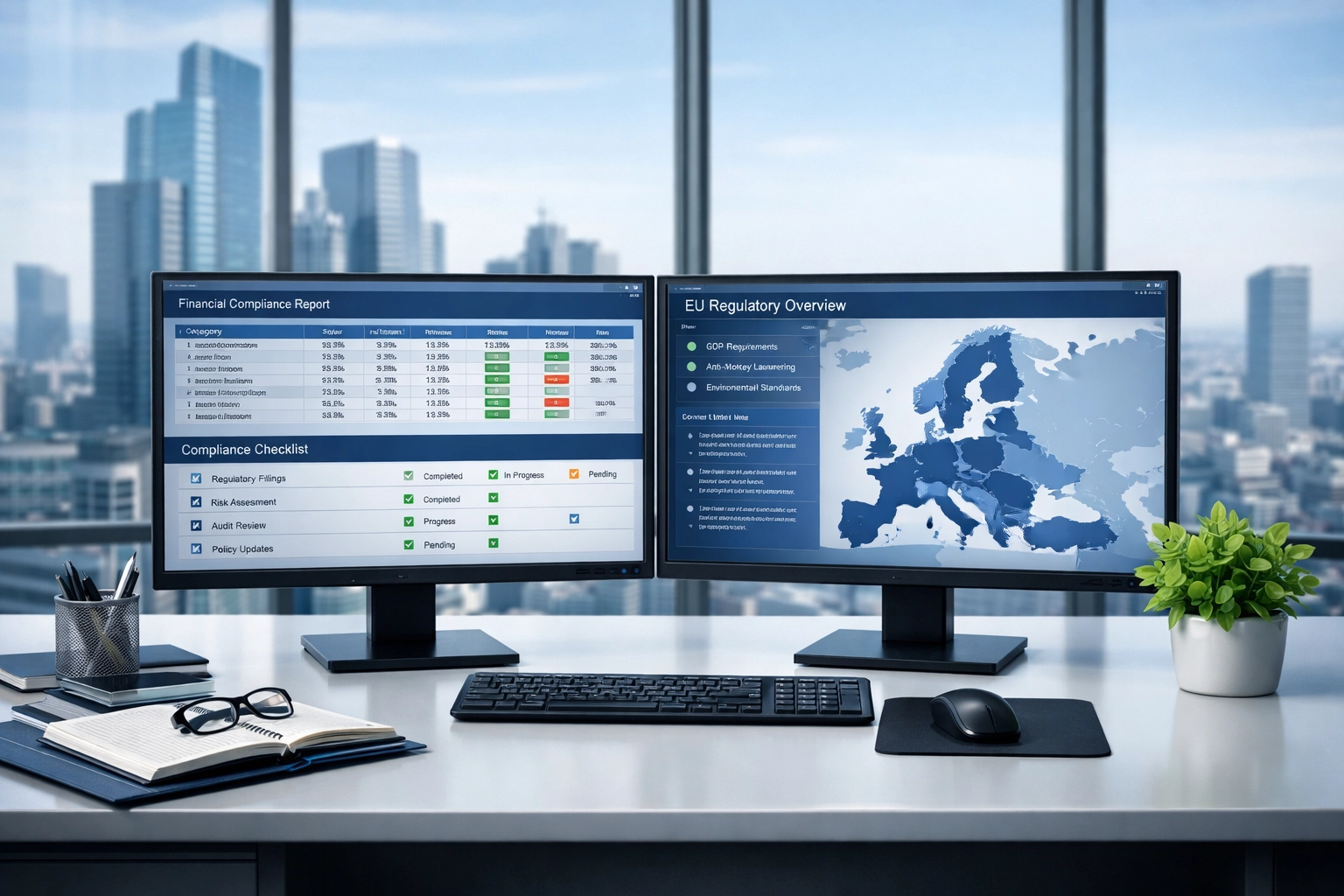 ServiceNow implementation partner managing ESG and EU regulatory compliance dashboards on office monitors.