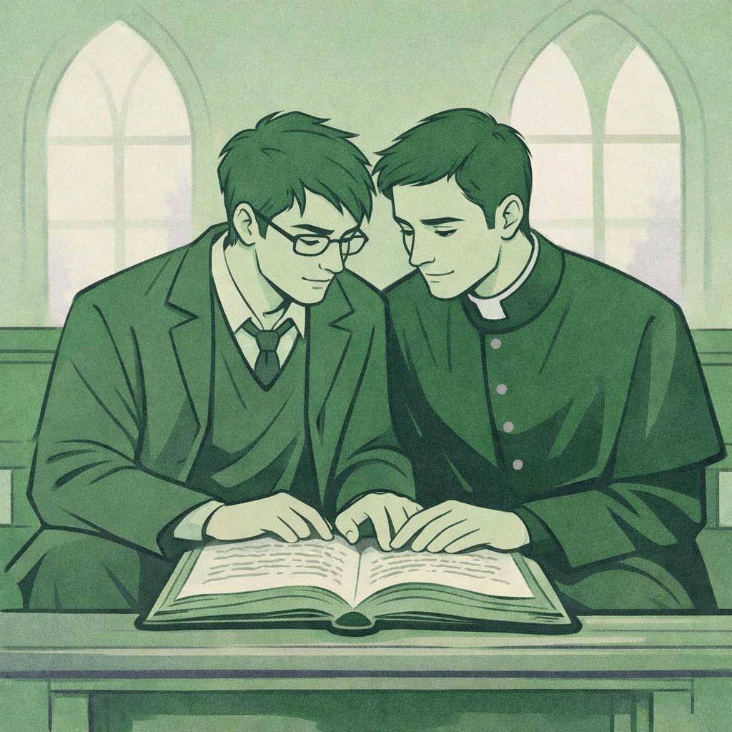 Scholar and priest reading ancient manuscript together on monastery bench - MM romance spiritual theme