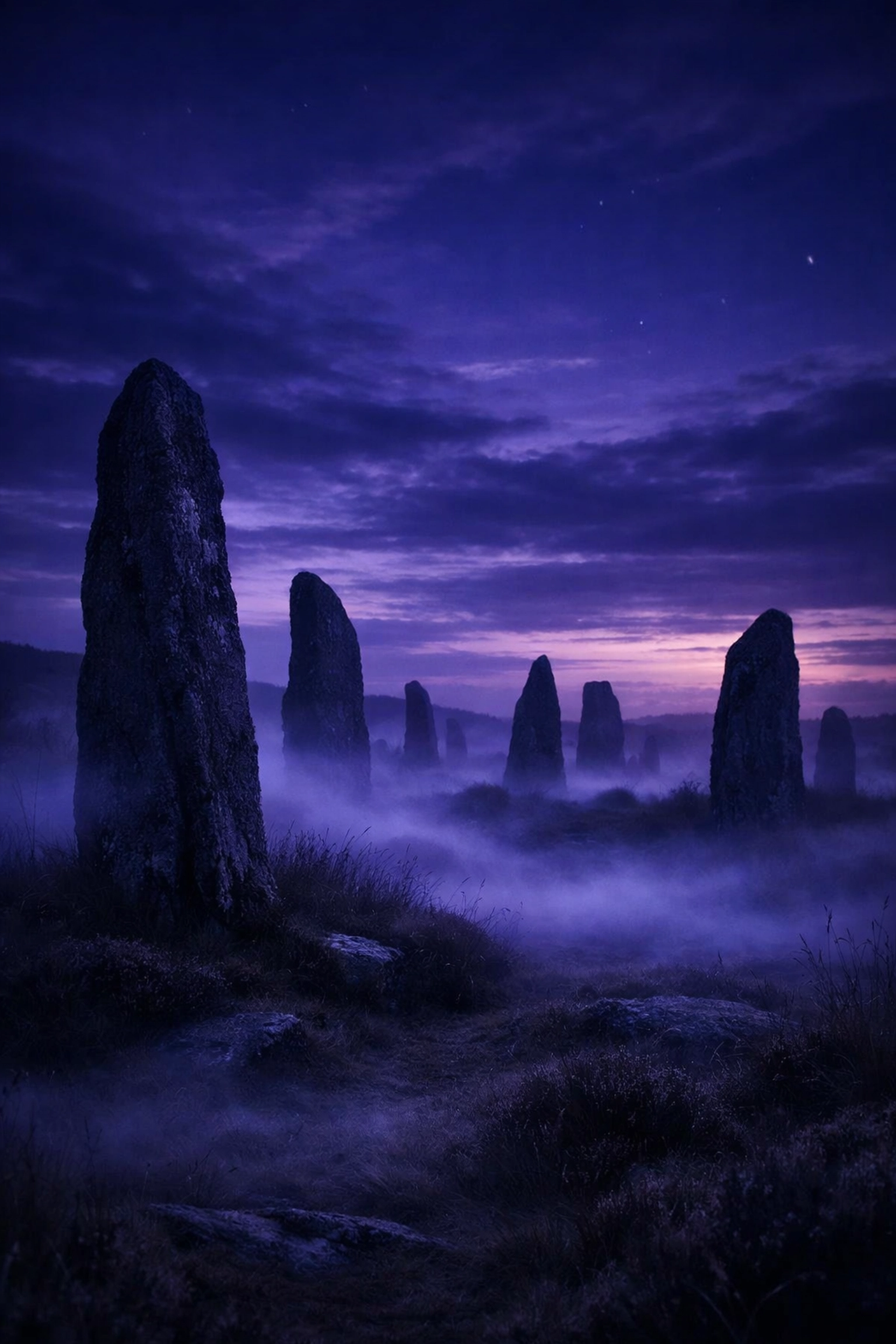 Ancient standing stones on a misty moor, reflecting the timeless heritage of the Scottish Highlands.