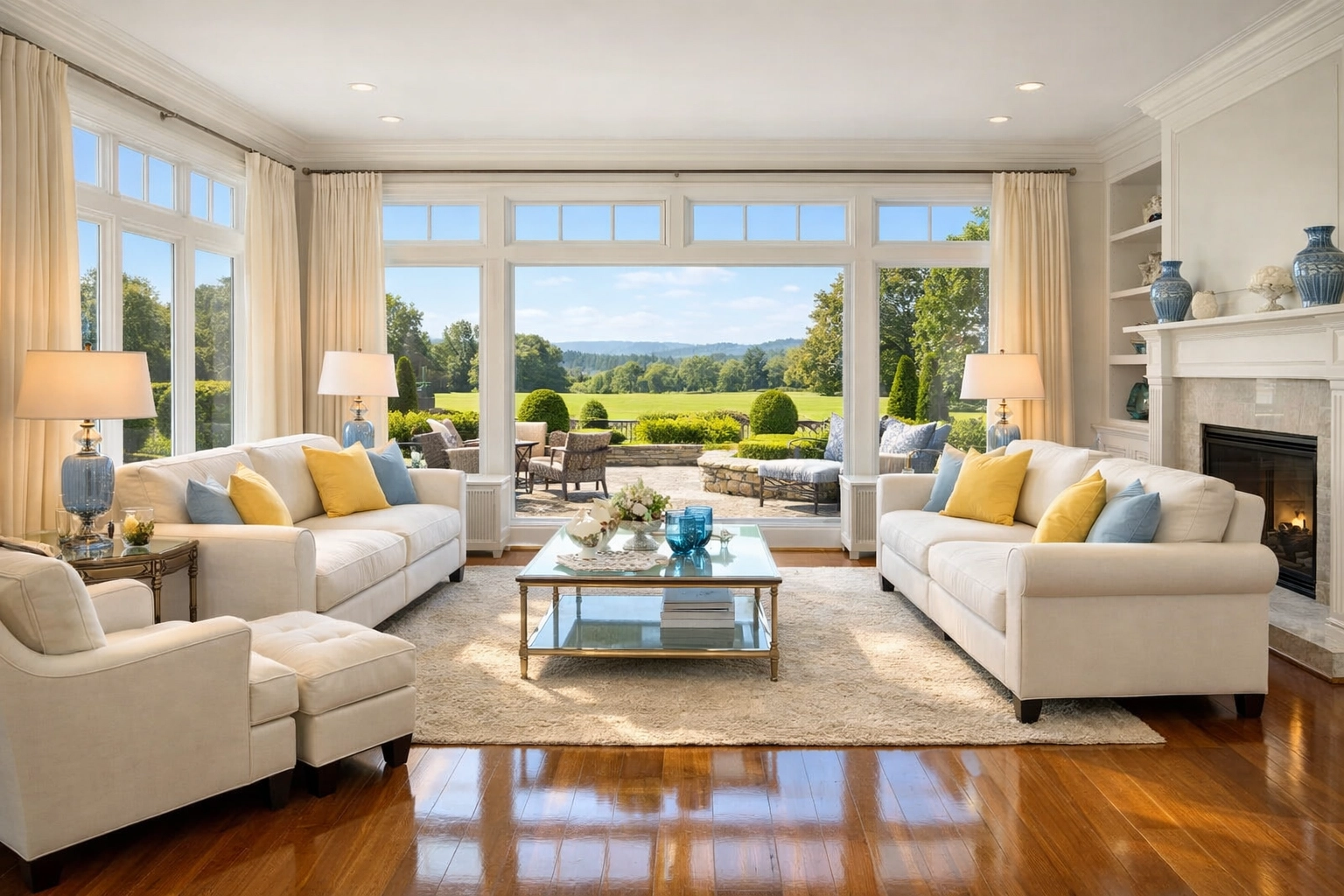Sunlit Bedford living room with spotless floors, perfect for professional house cleaning in Westford and Bedford.