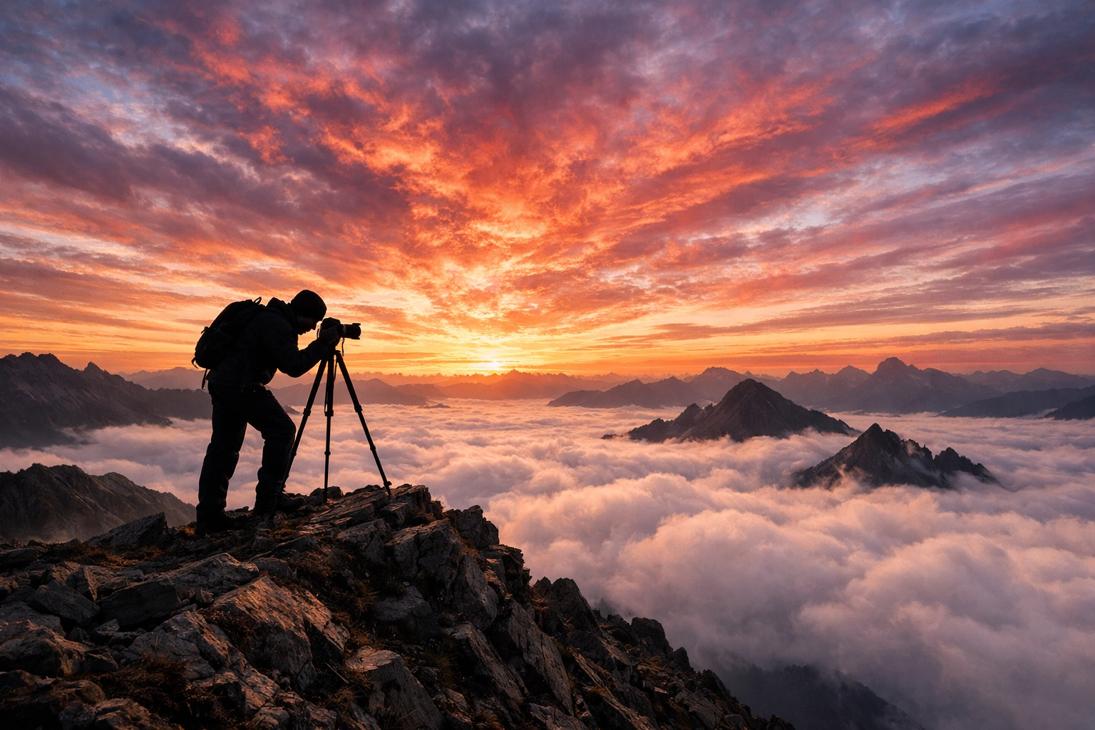A photographer on a mountain peak at sunrise creating professional landscape photography shots.