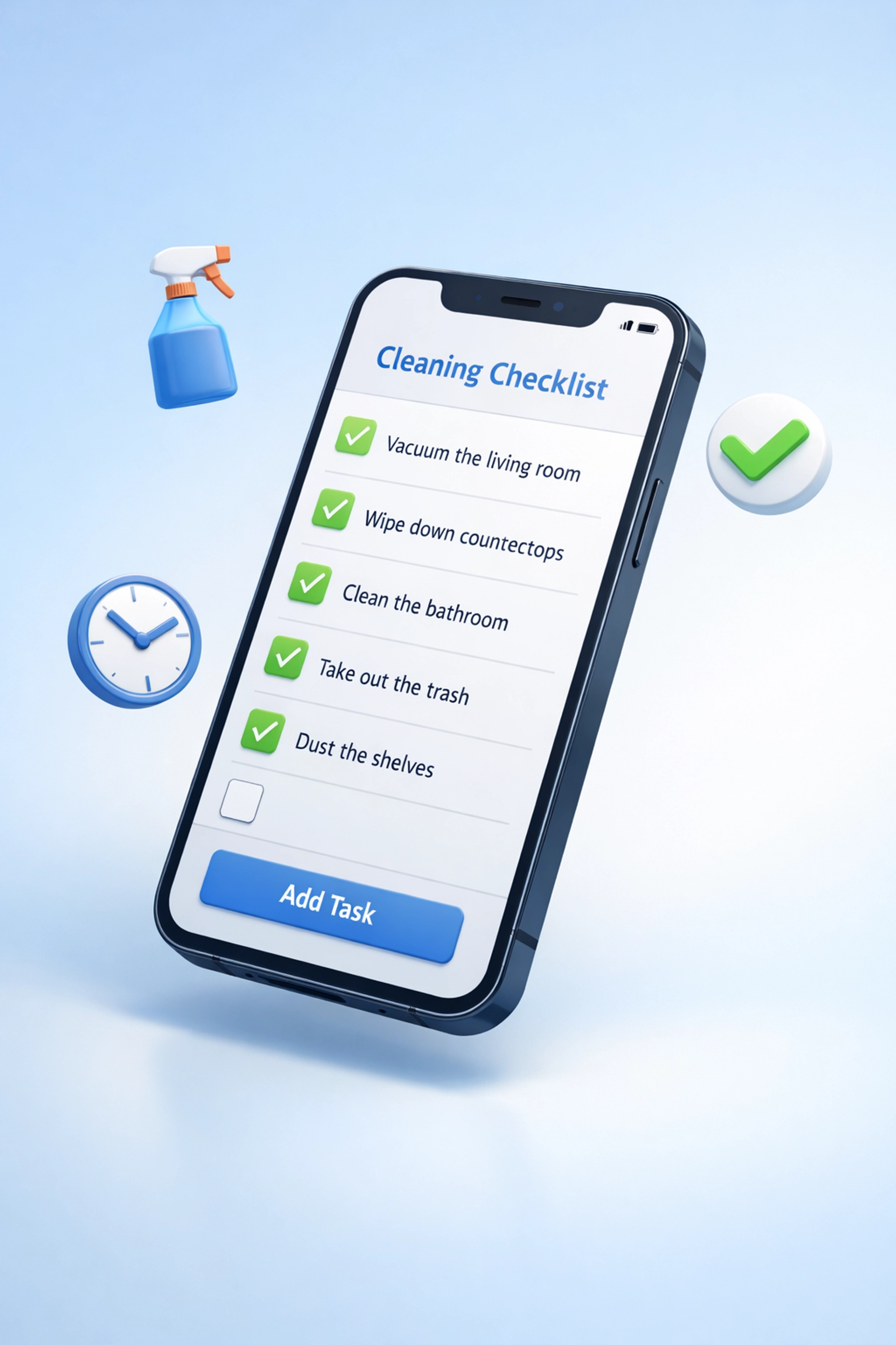 Digital turnover cleaning checklist on smartphone with task management icons for apartment make ready
