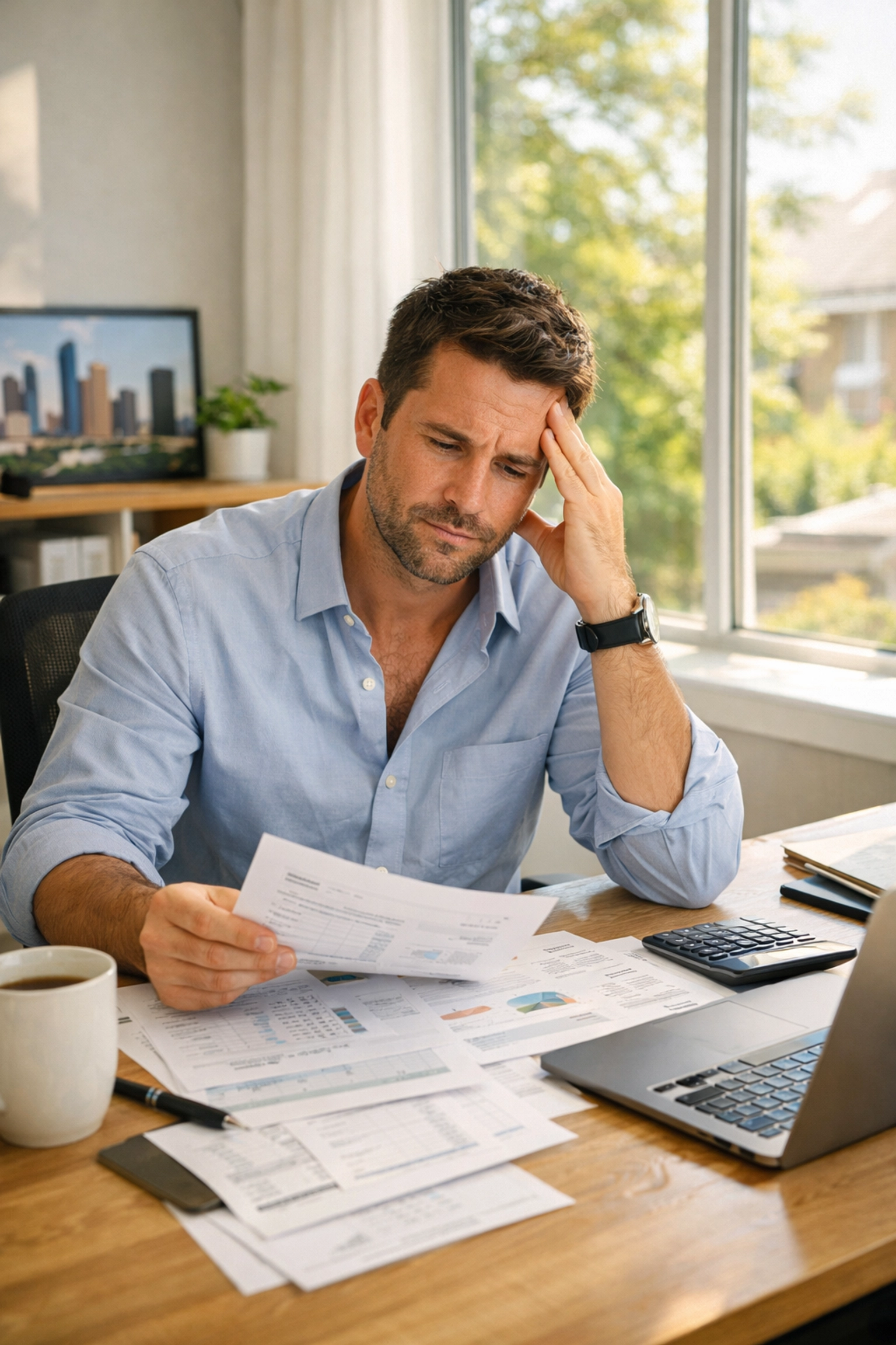 Houston entrepreneur analyzing business finances and tax returns in a bright home office.