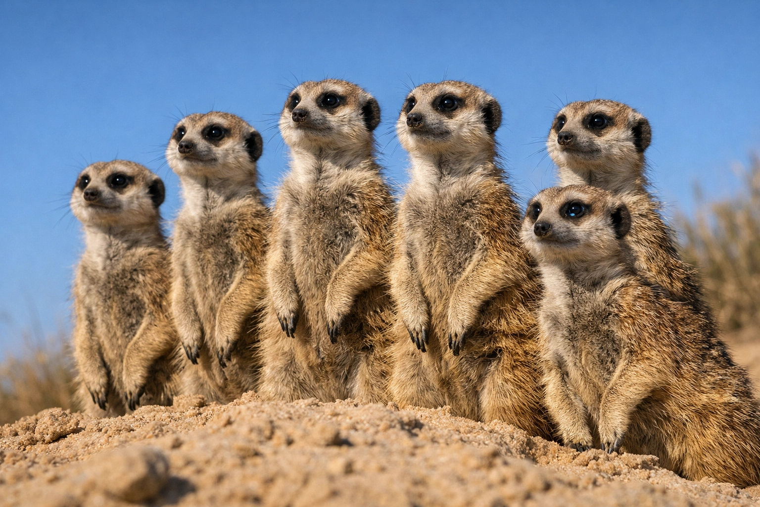 Alert meerkats at a low angle, showcasing intimate perspective in zoo imagery and digital marketing content.