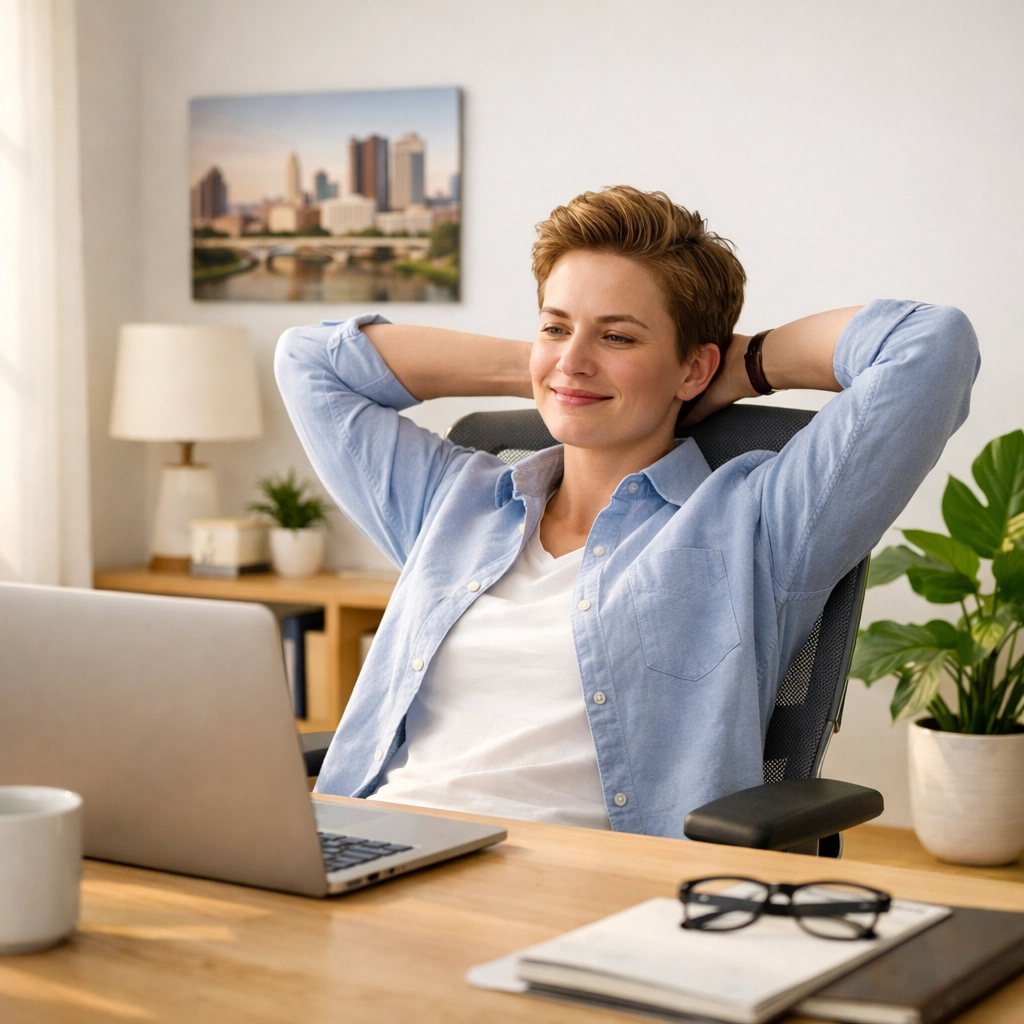 Homeowner in Columbus, Ohio using a mortgage calculator in a sunny home office.
