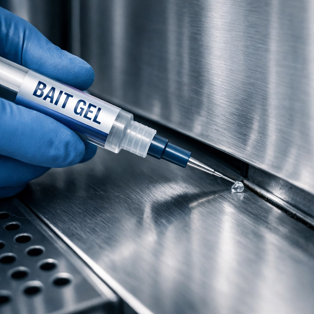 Precise application of targeted pest control gel bait in a clean kitchen environment.