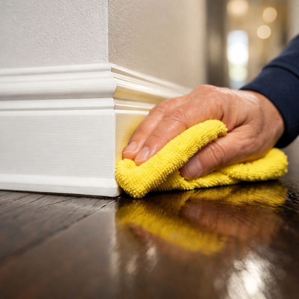 Professional baseboard and floor detailing as part of a Luxury Move-Out Cleaning in Newton.
