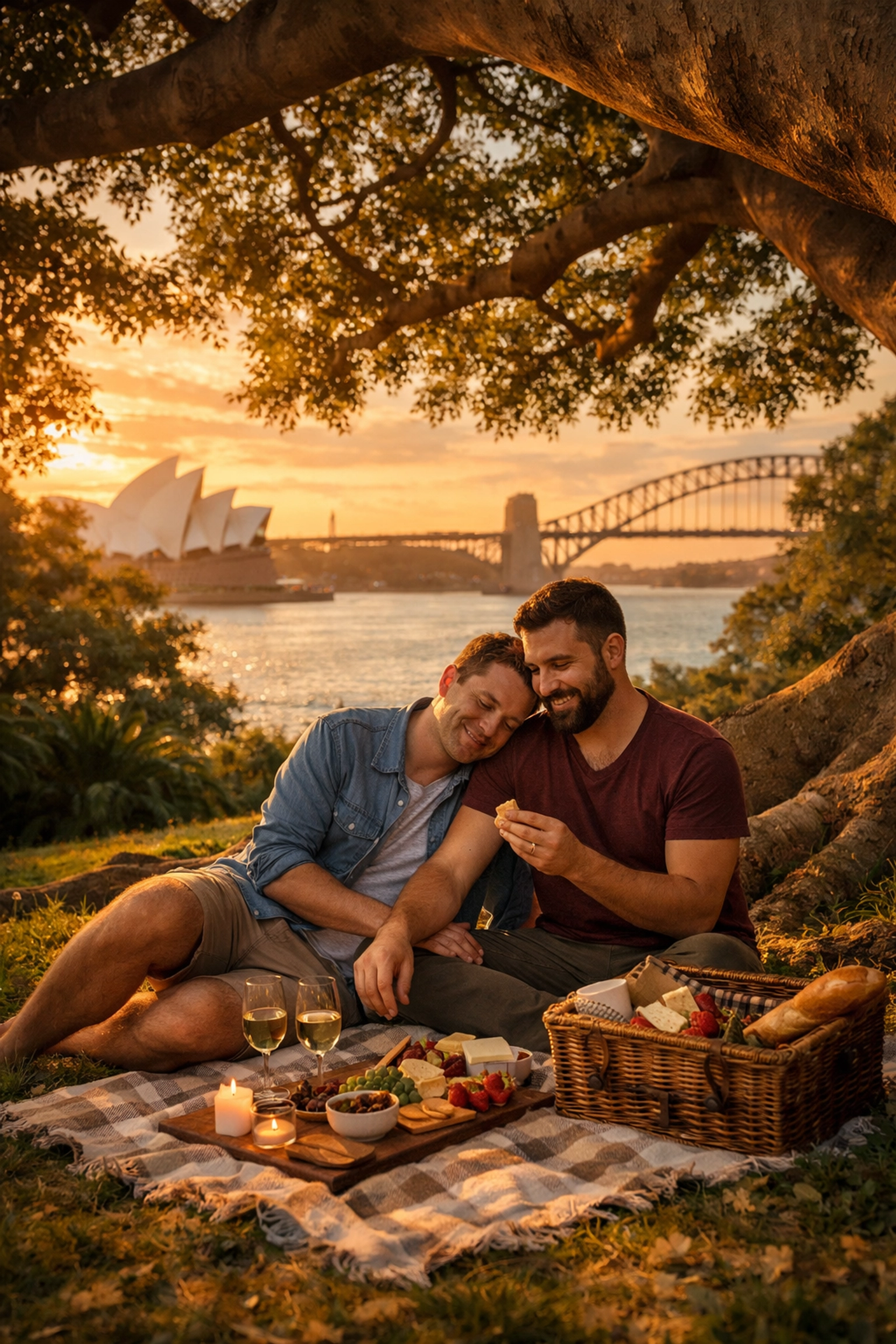 Gay couple enjoying romantic picnic in Sydney's Royal Botanic Garden at sunset