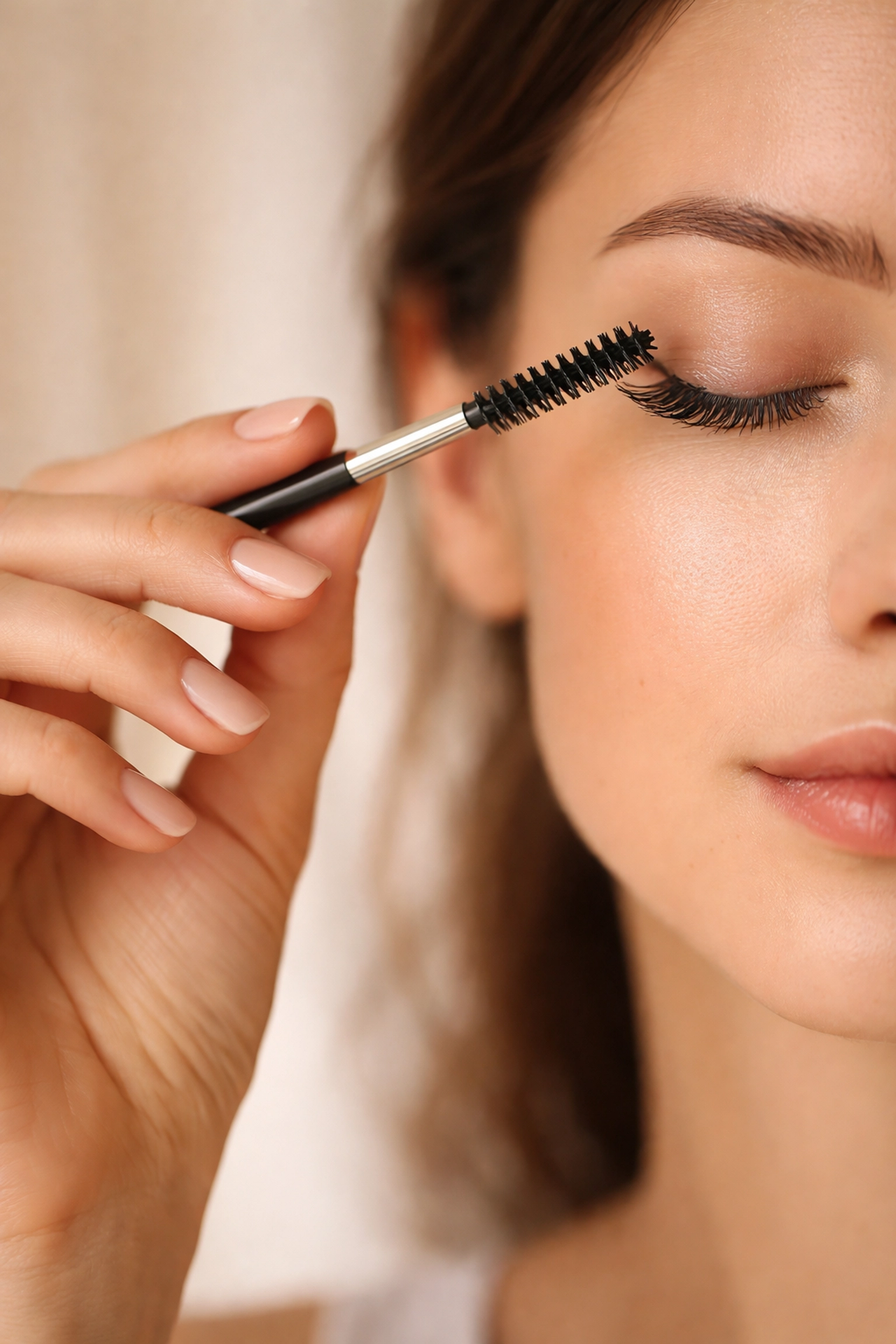 Φροντίδα βλεφαρίδων στο σπίτι με ειδική βούρτσα spoolie για διατήρηση αποτελεσμάτων