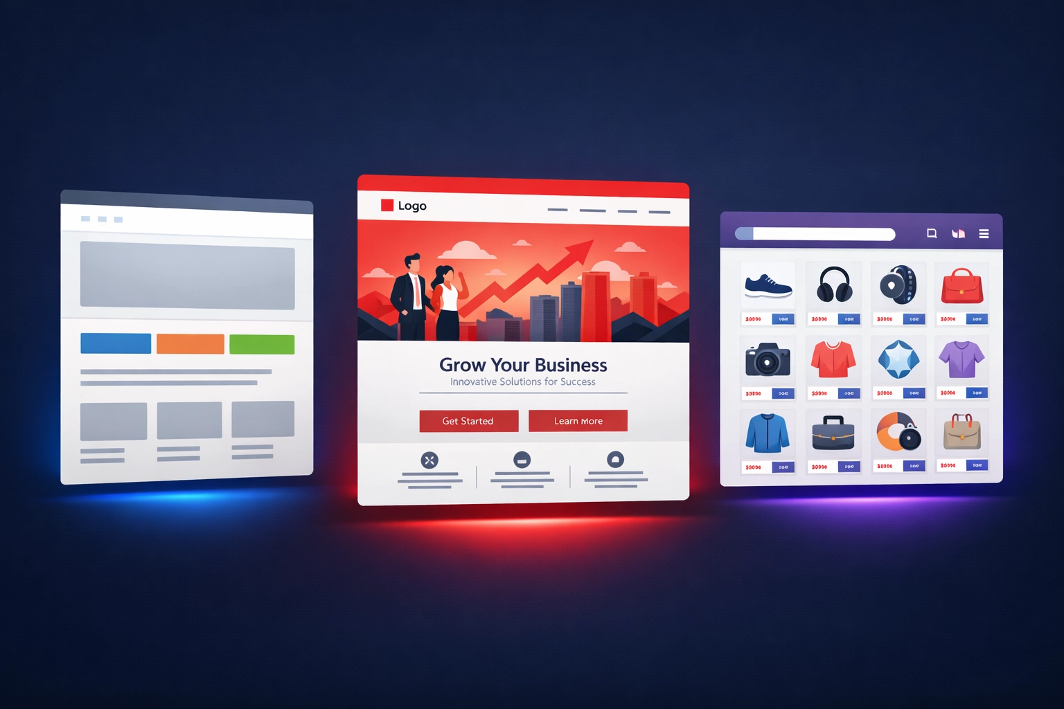 Comparison of three website types: template, professional business, and e-commerce designs for Bristol businesses