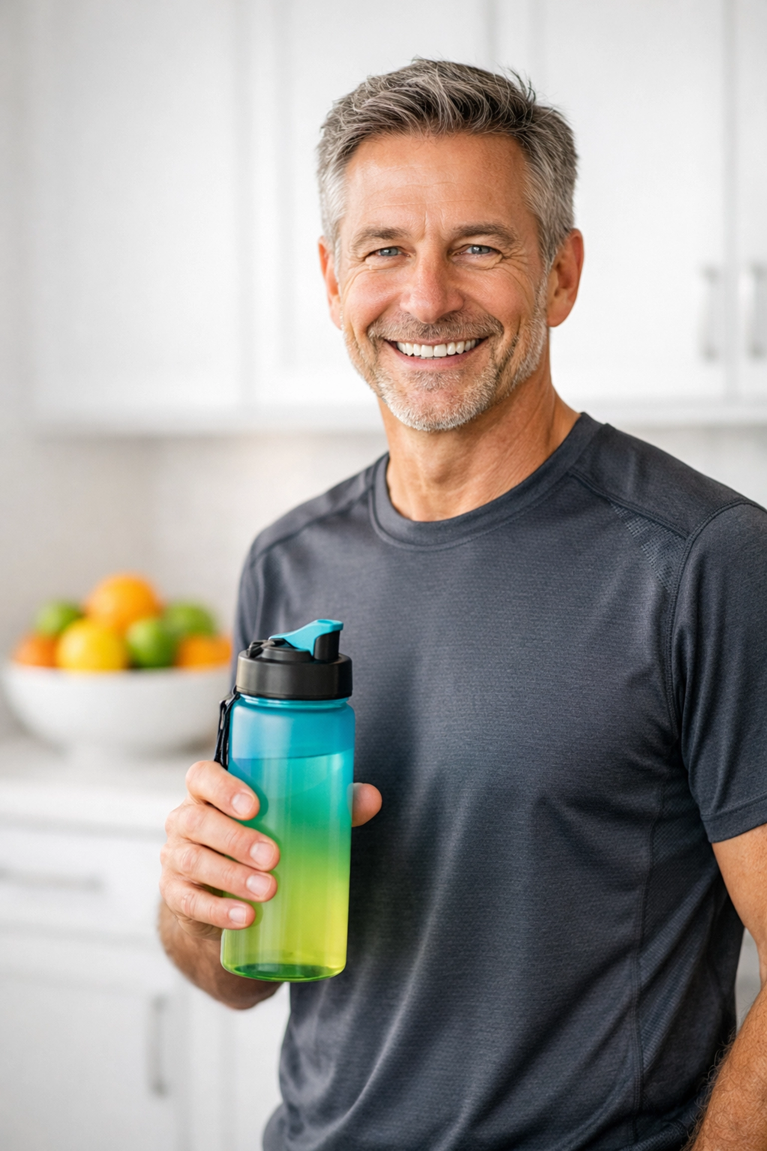 Healthy man in a bright kitchen with a water bottle, representing personal progress and medical weight loss results.