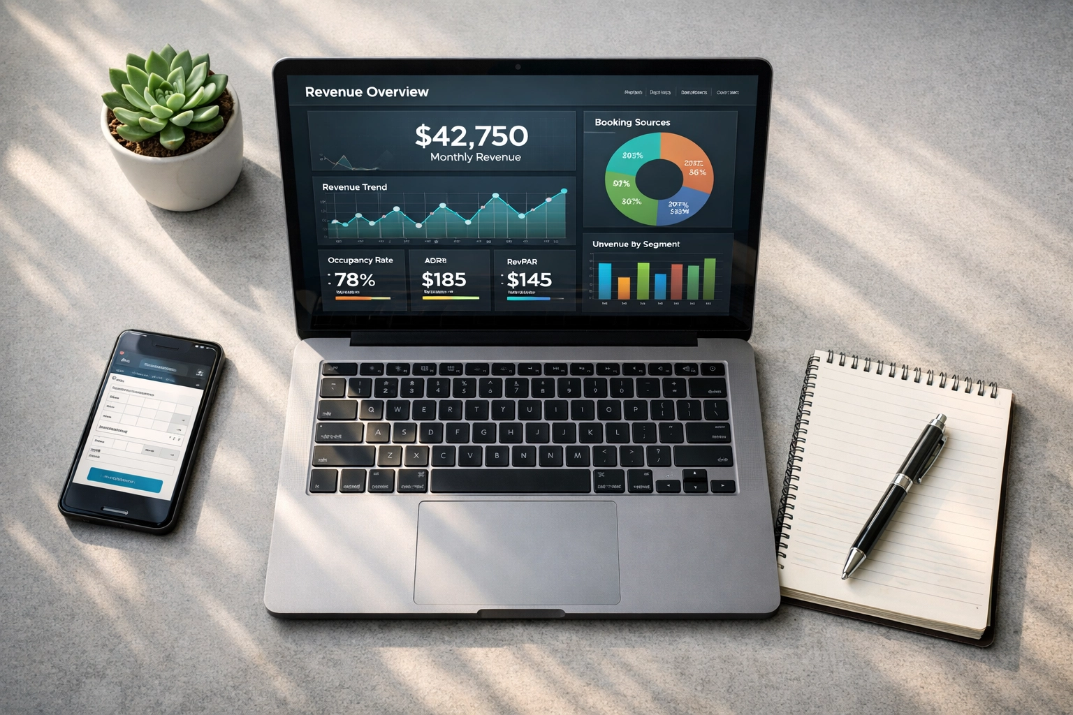 Hotel manager reviewing real-time revenue analytics and performance data on cloud-based PMS