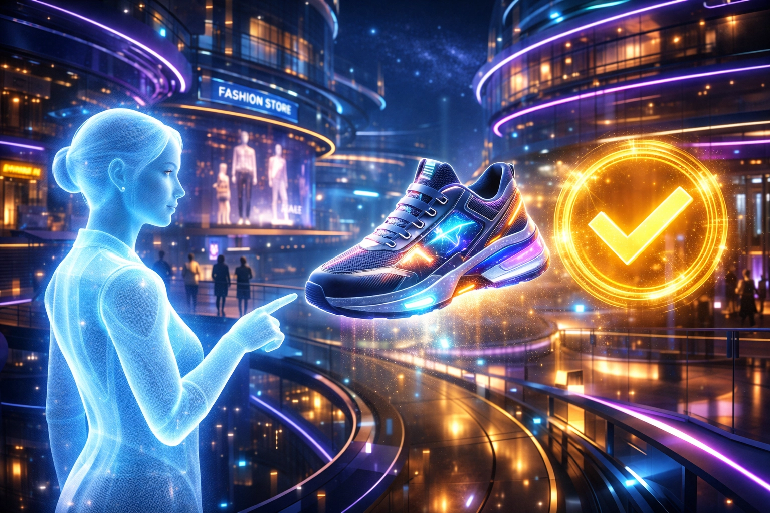 AI assistant facilitating a secure crypto transaction in a futuristic metaverse shopping mall.