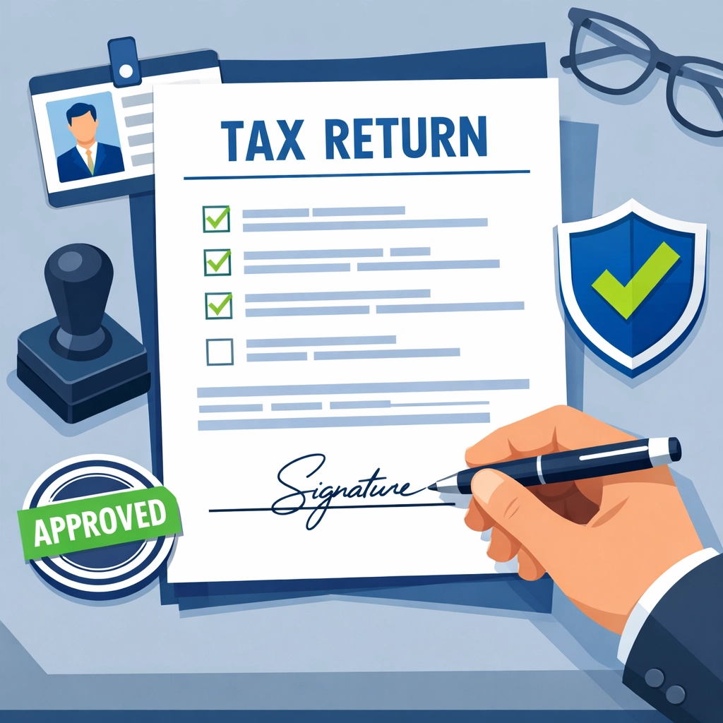Reviewing and signing tax return documents with verified tax preparer credentials