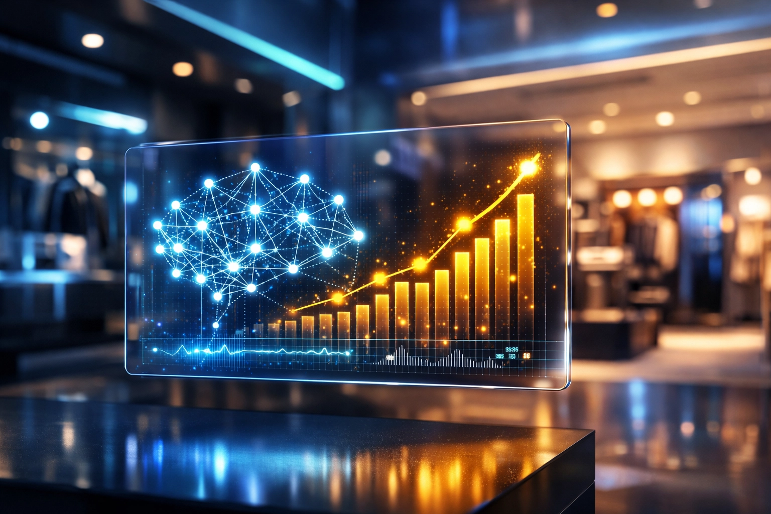 Larecoin AI merchant portal displaying rising sales data and consumer behavior analytics in a modern store.