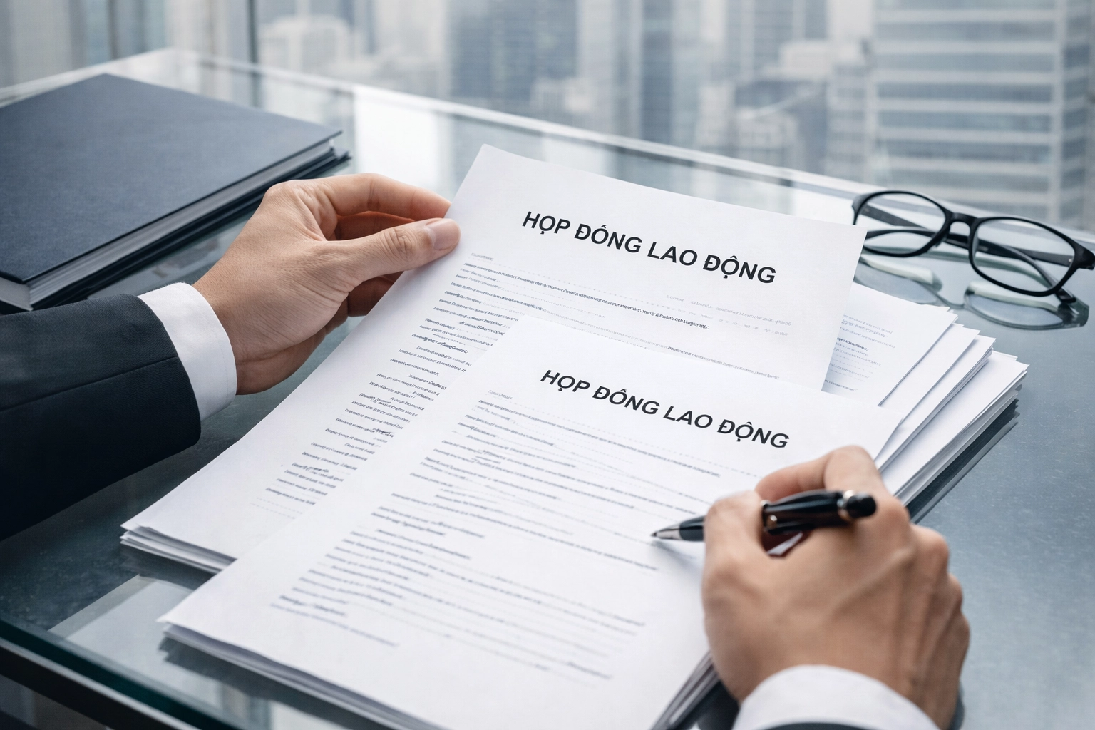 Professional legal documents and pen illustrating Vietnam's labor contract classification laws.