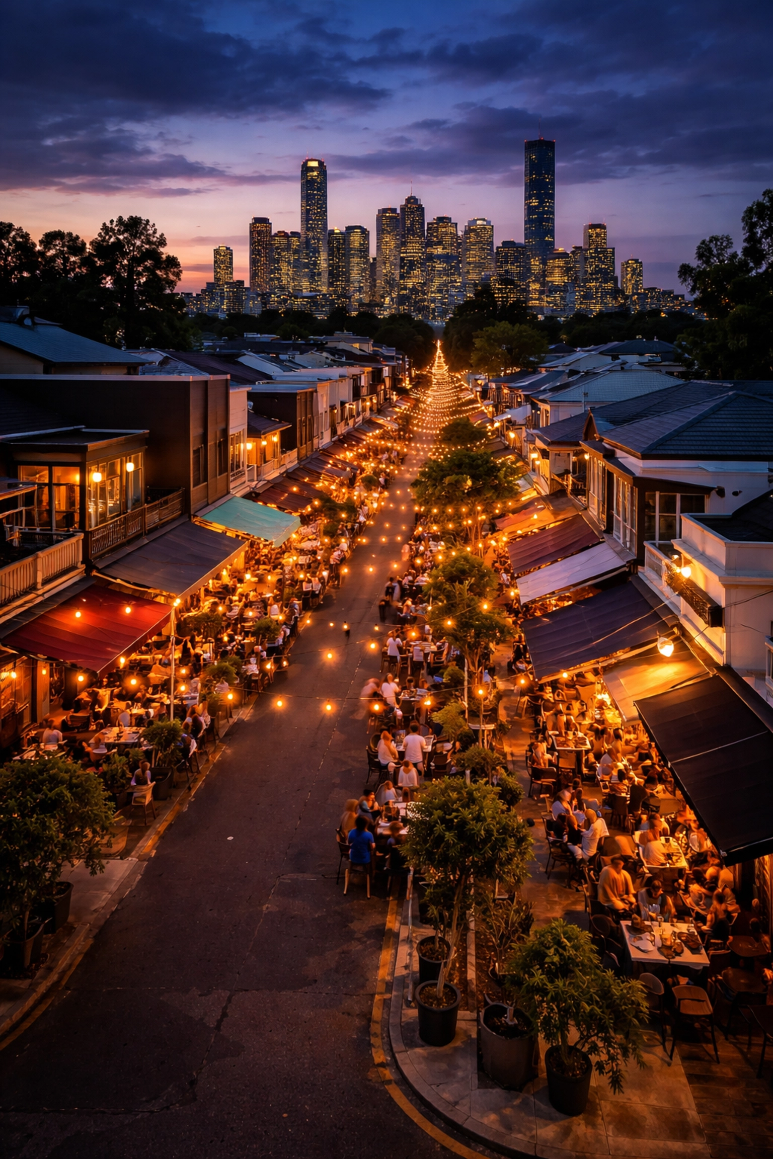 Aerial view of Brisbane's West End dining precinct with lively Indian restaurants at twilight