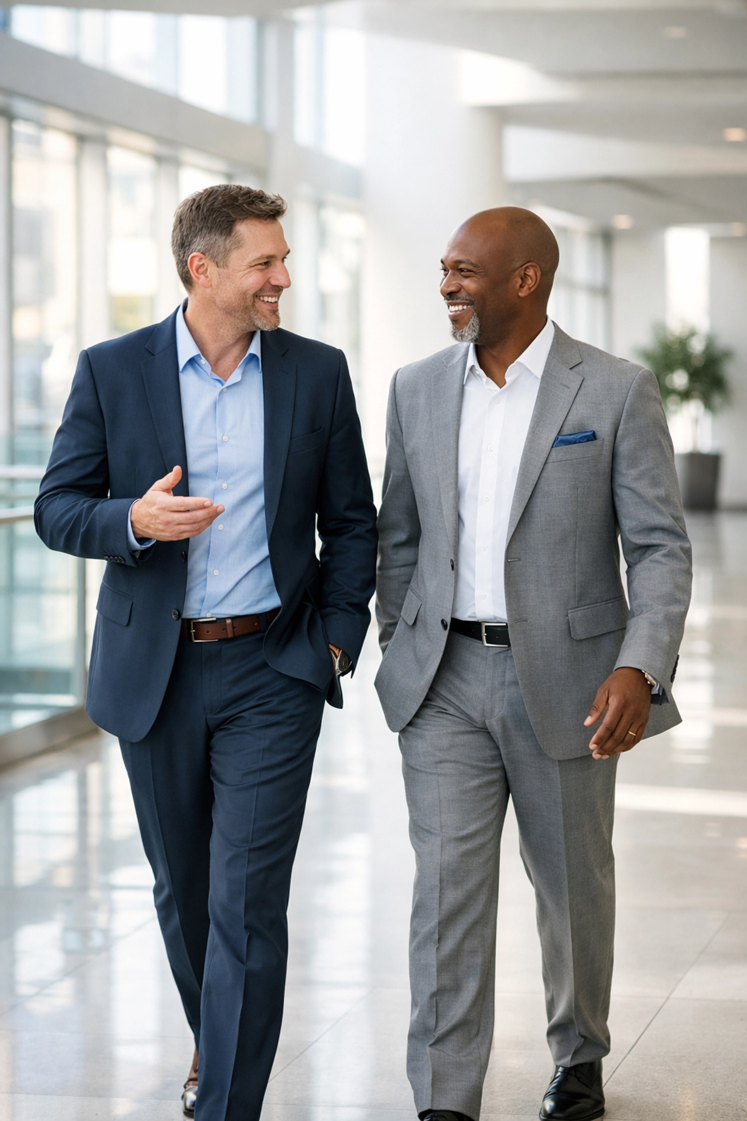 ServiceNow implementation partner and client discussing operational excellence in a professional lobby.