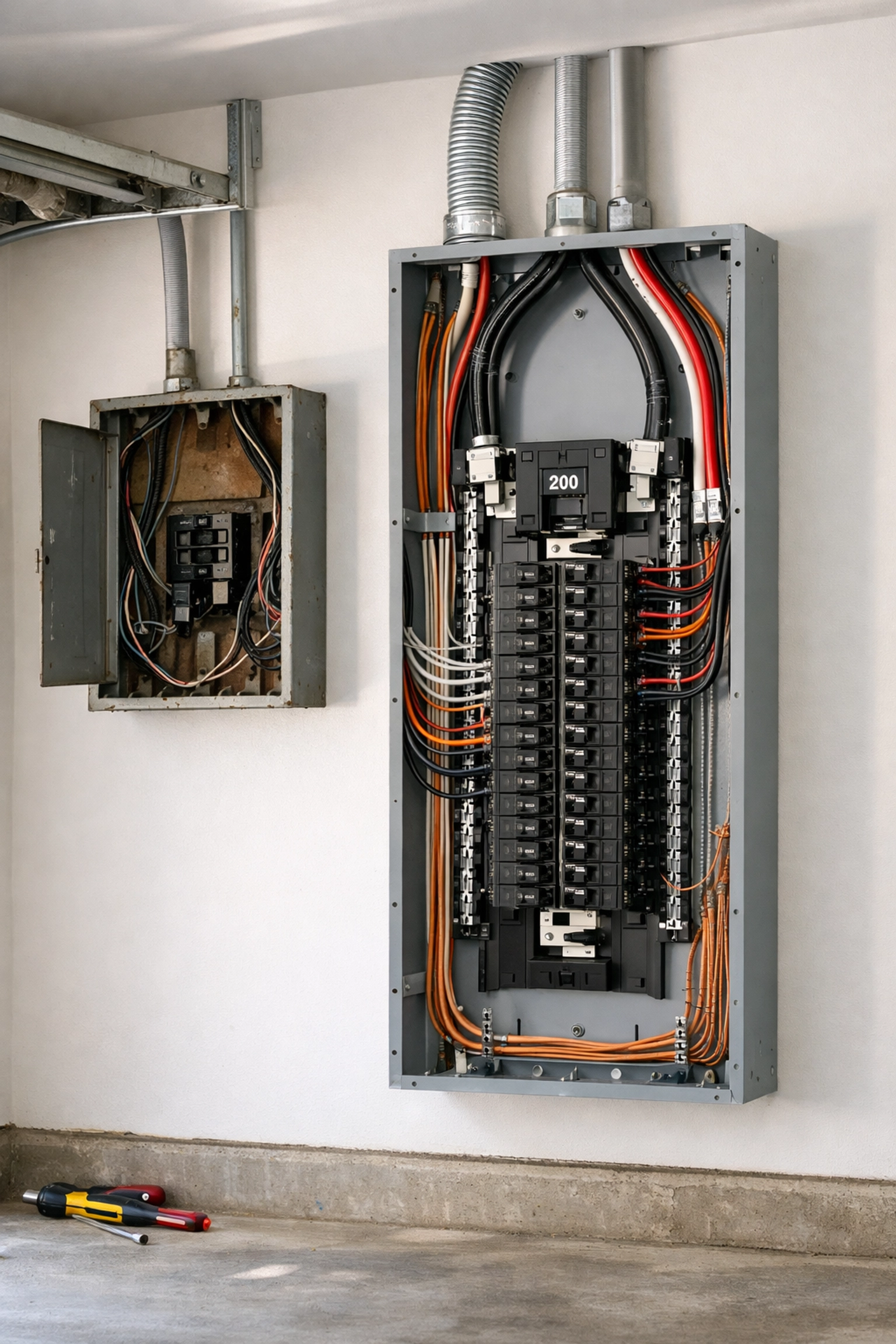 Electrical panel upgrade in progress showing old and new panels in Scottsdale home