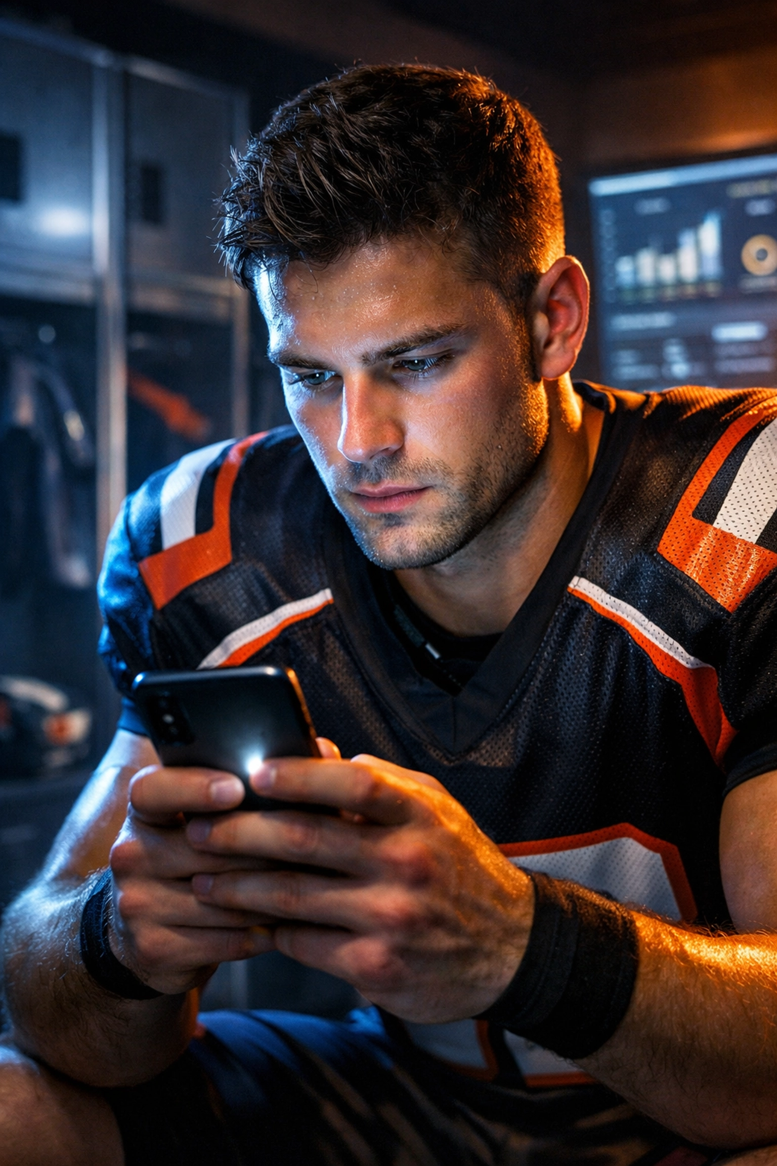 Collegiate athlete in a modern locker room using a smartphone for NIL brand engagement.