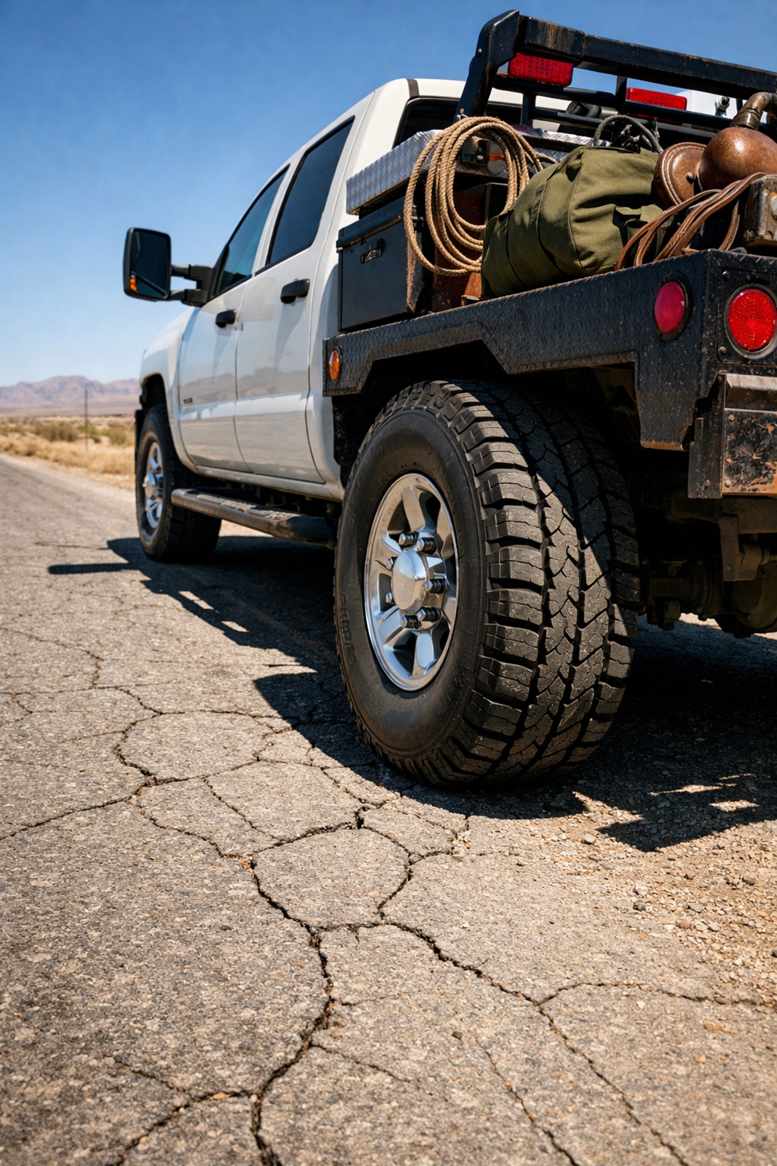 Loaded ranch truck with OTR tires on hot asphalt road in Deming New Mexico.