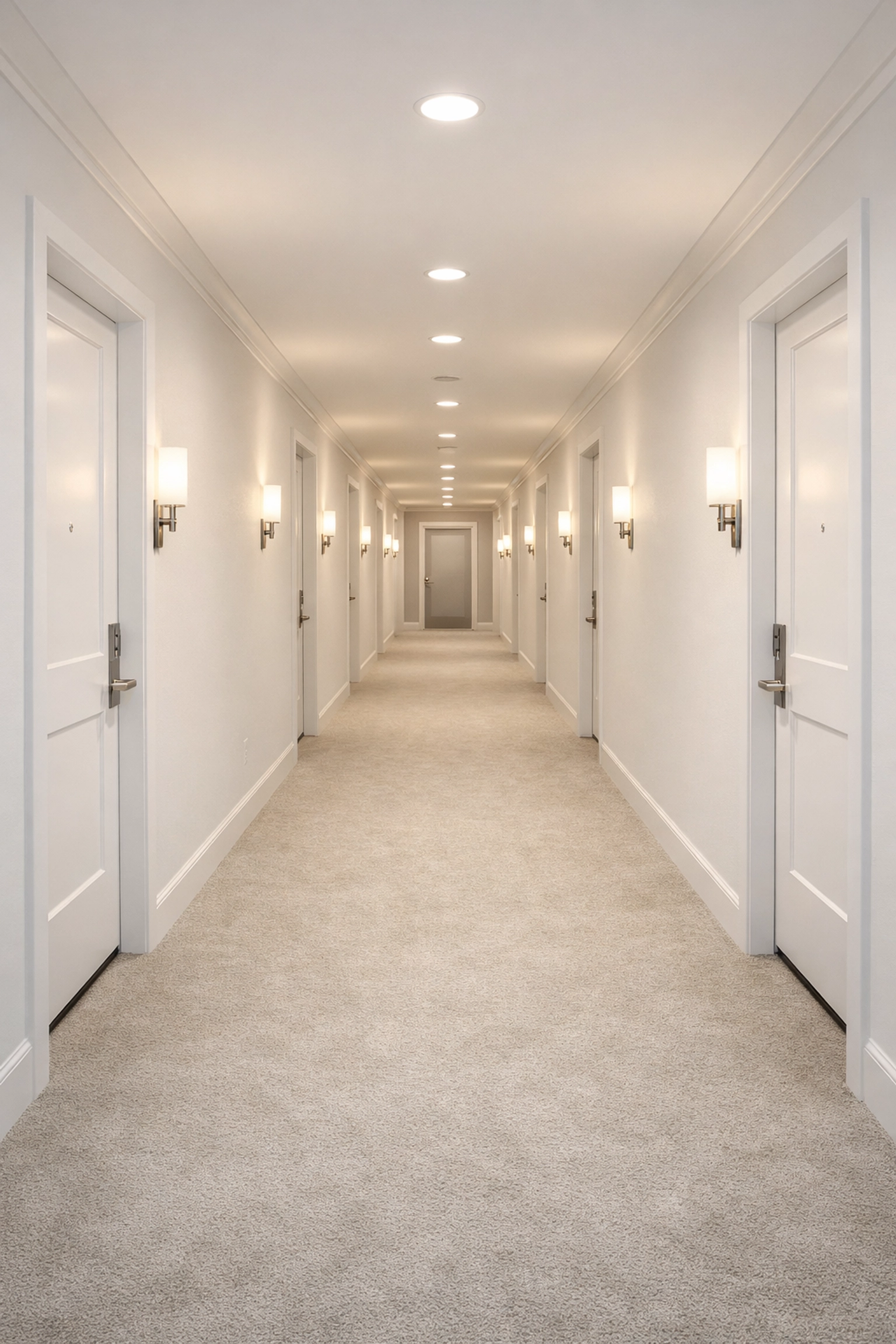 Impeccably clean and bright hallway in a Chicago multifamily building representing professional property management.