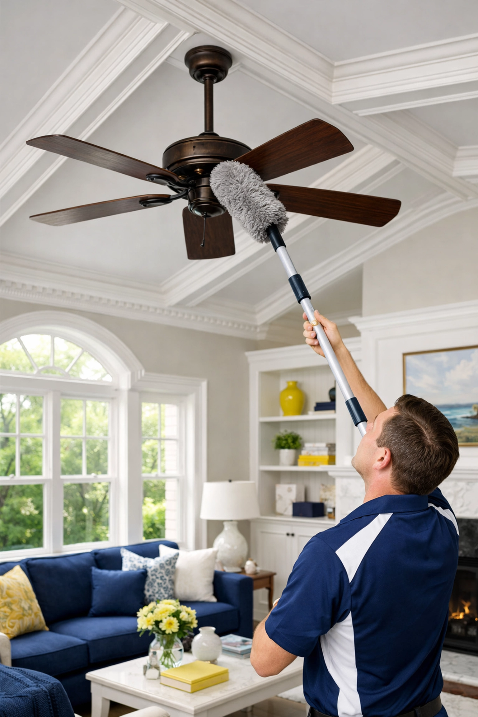 Professional cleaners MA using a duster on a high ceiling fan as part of a Spring Cleaning Ninja Checklist.