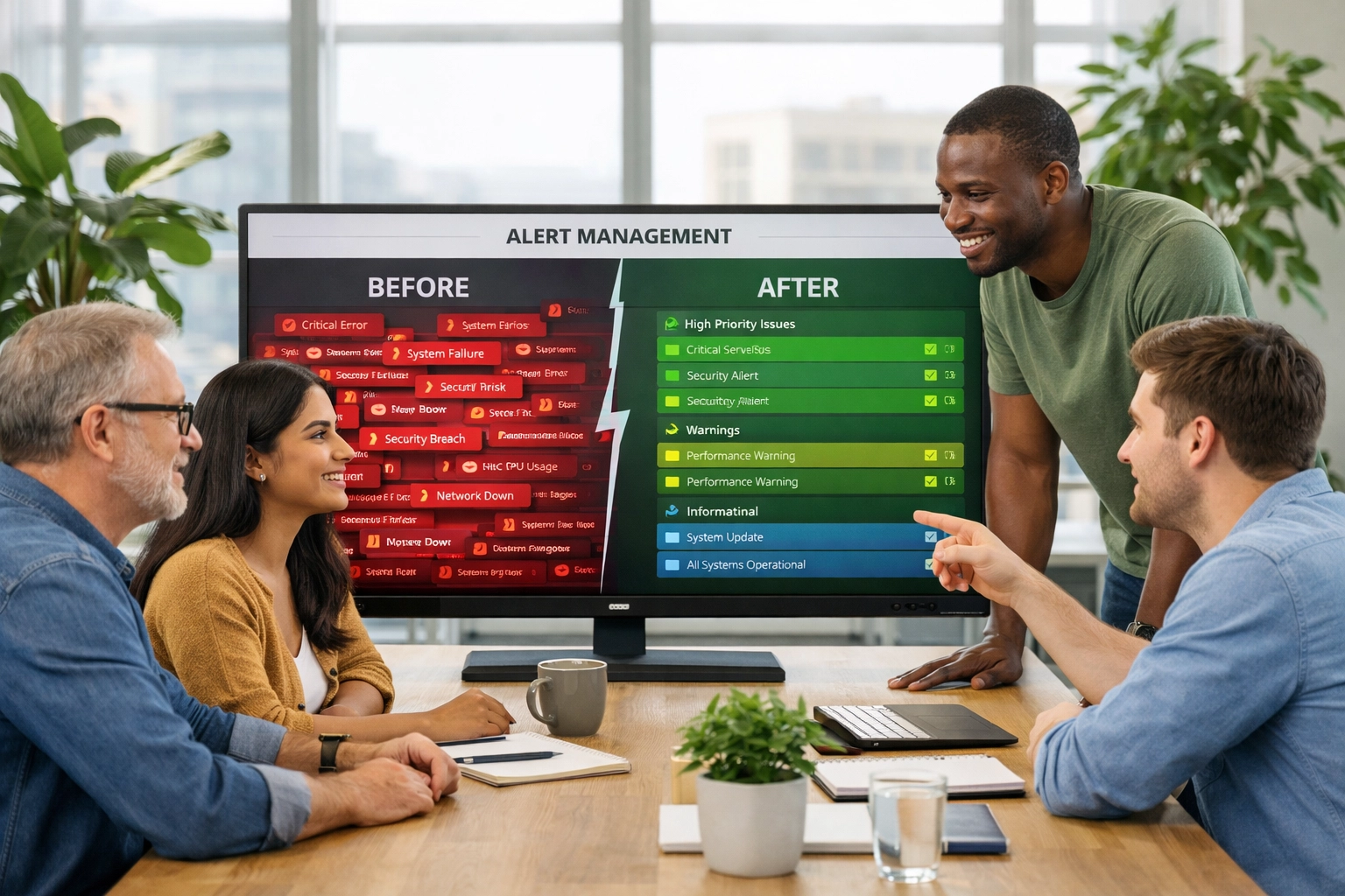 IT team viewing automated alert correlation reducing incidents through ServiceNow ITOM