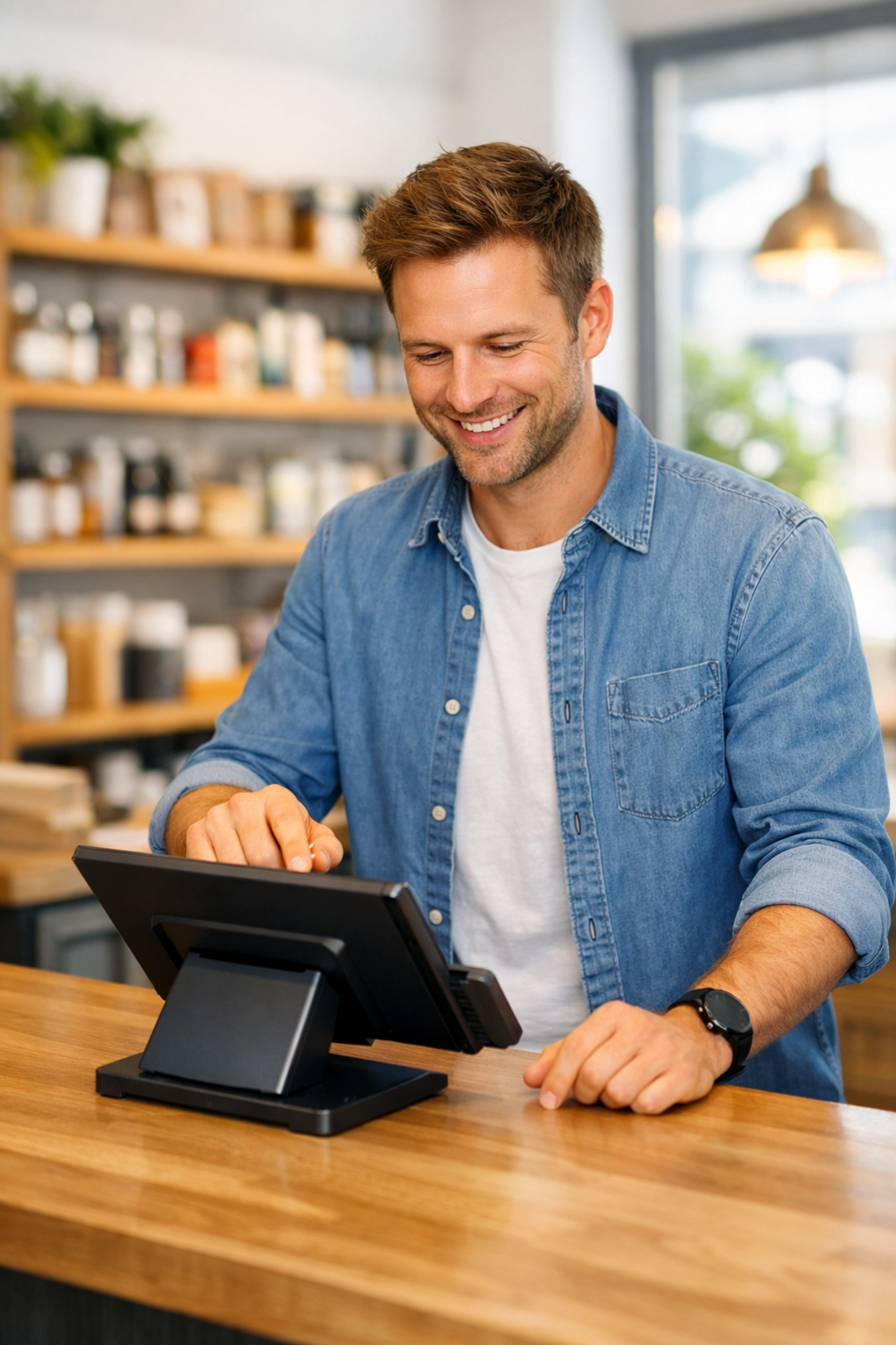 UK business owner using modern touchscreen POS terminal in retail shop