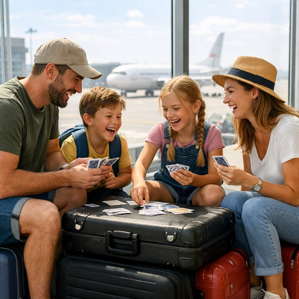 The Ultimate Guide to Stress-Free Family Travel: Everything You Need to Succeed from Packing to Posing 4 A joyful family playing games at the airport, embracing the fun of stress-free family travel.
