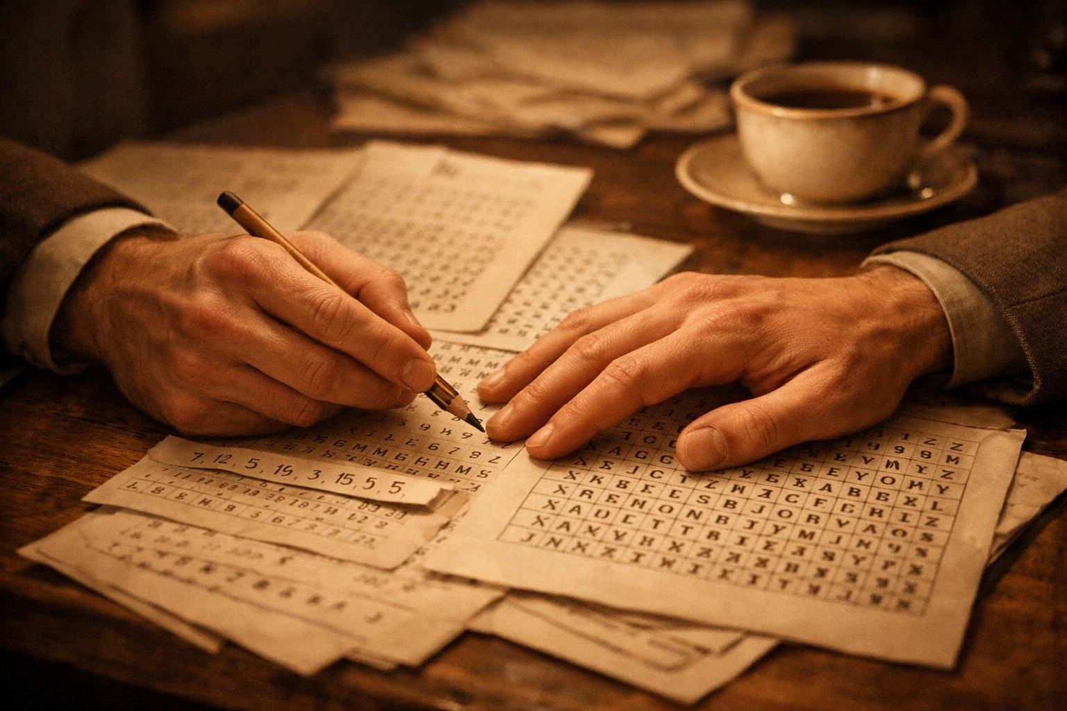 Code breakers' hands nearly touch over encrypted messages, forbidden love in WWII
