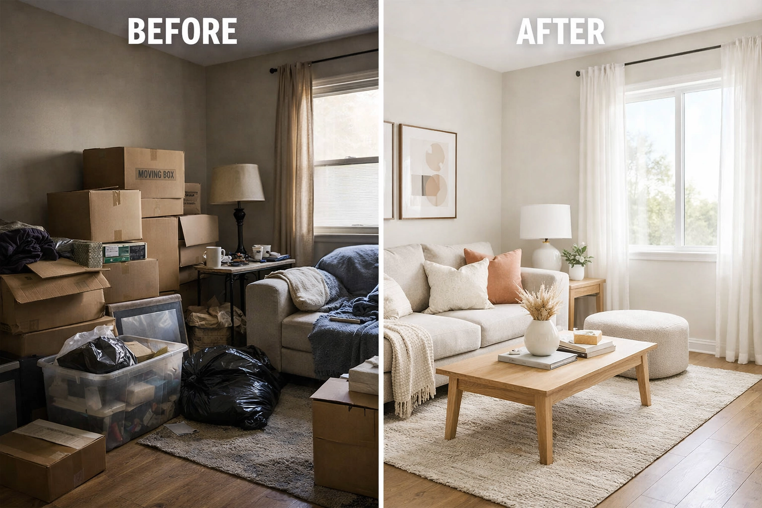 Before and after real estate photography showing professional staging transformation