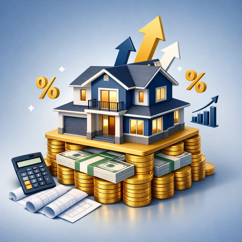 Property investment ROI visualization with house model and financial growth indicators