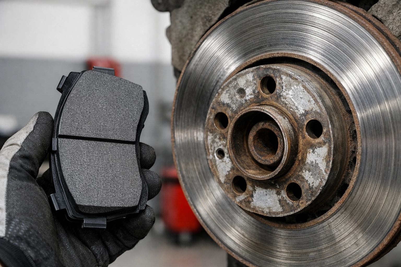 New brake pad next to a worn, glazed brake rotor during a Barrie brake repair.