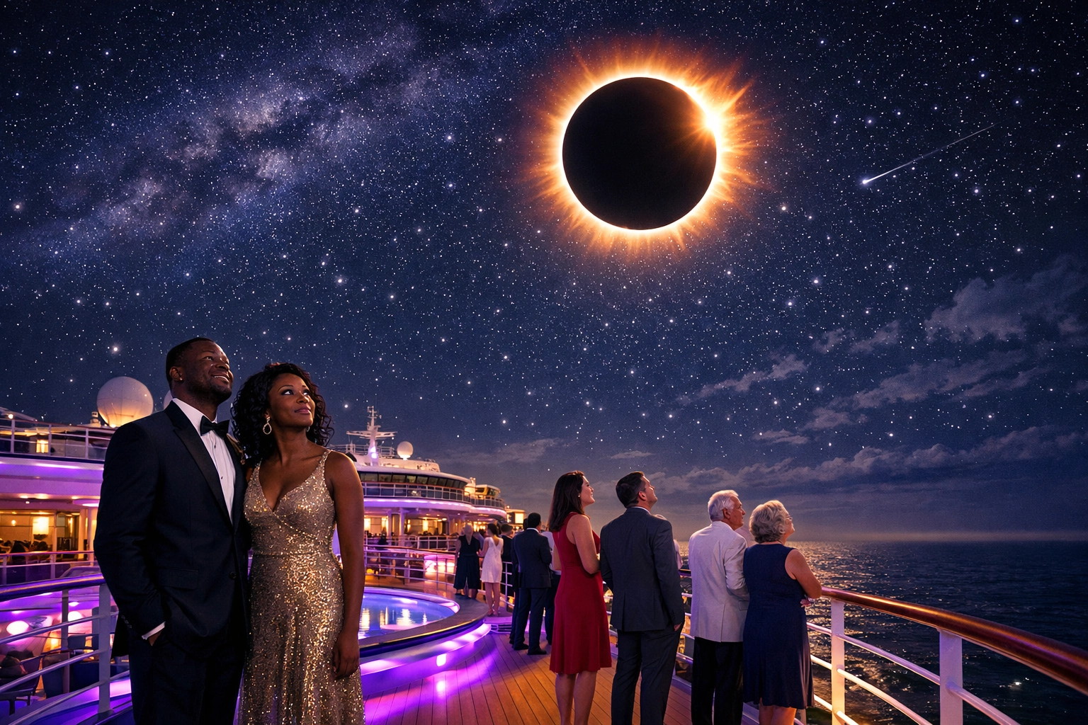 Lifestyle Cruises travel agent view of a stunning 2026 solar eclipse cruise voyage at sea.